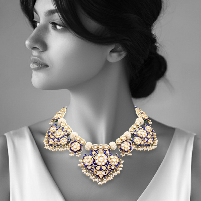 Blue Enamel Pankhi set with Pearl Detailing