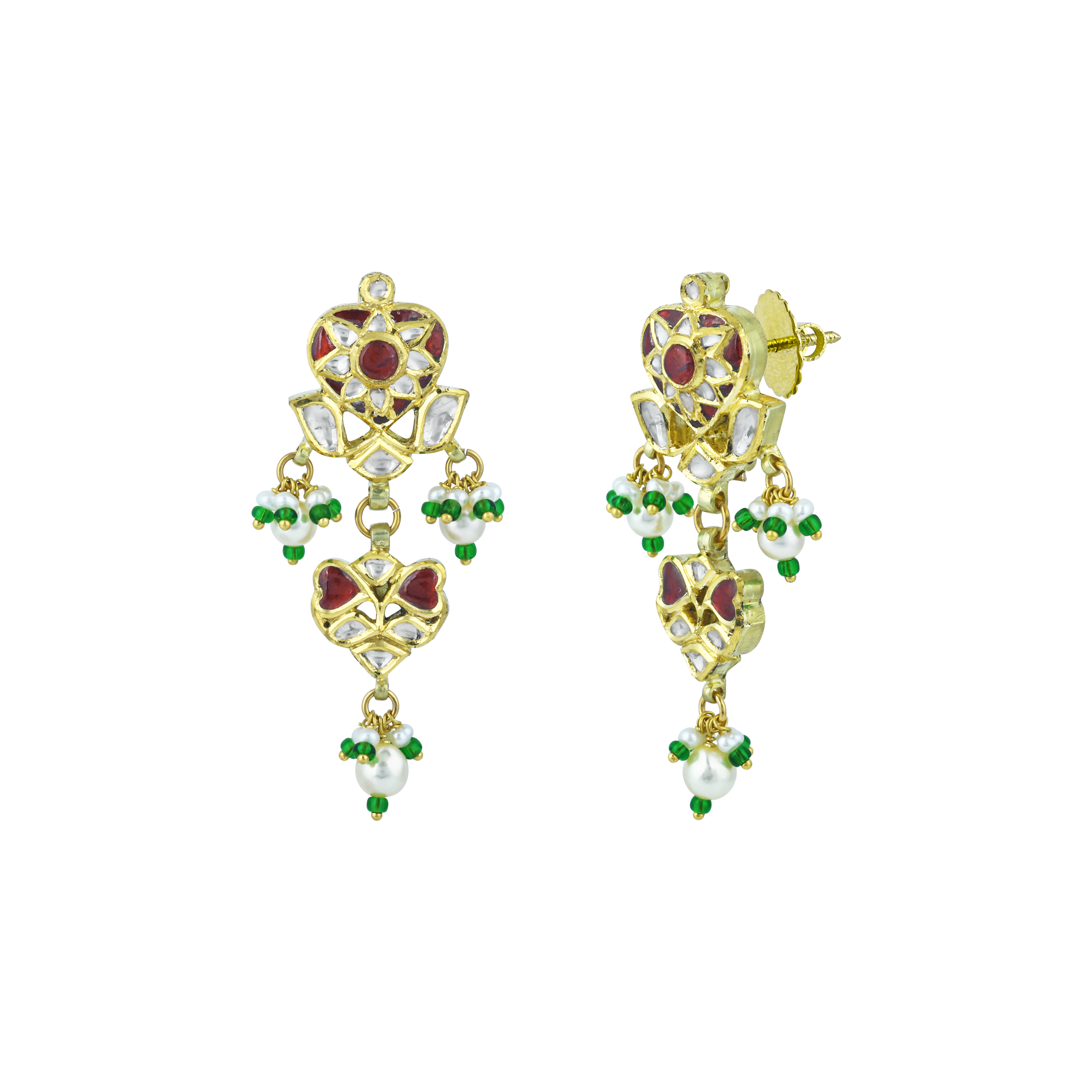 Polki Earrings with Ruby Colour Stone, Pearl Drops, and Emerald Beads