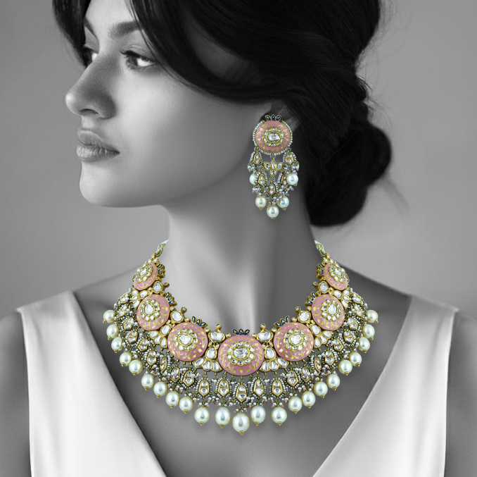 Pink Enamel Necklace Set with Uncut Diamond Polkis & Pearls