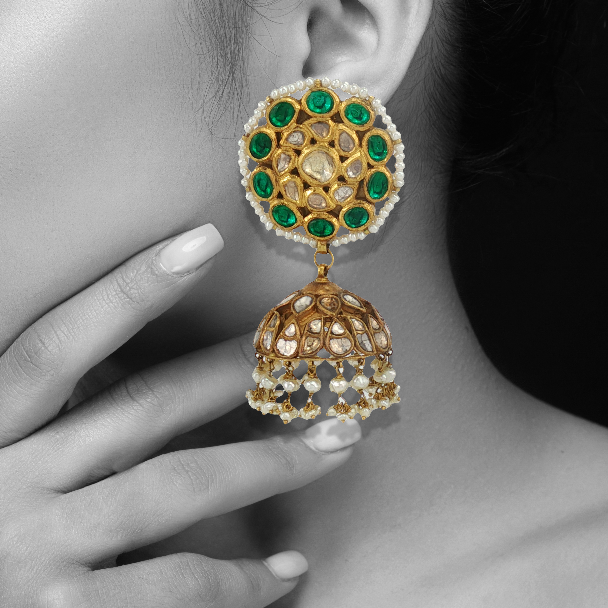 Emerald Polki Jhumkas with Pearl Fringe