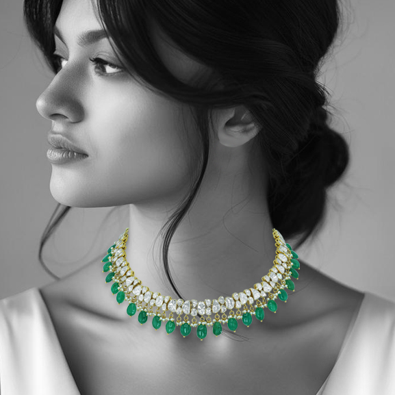 Open Polki Diamond Necklace with Emerald Drops
