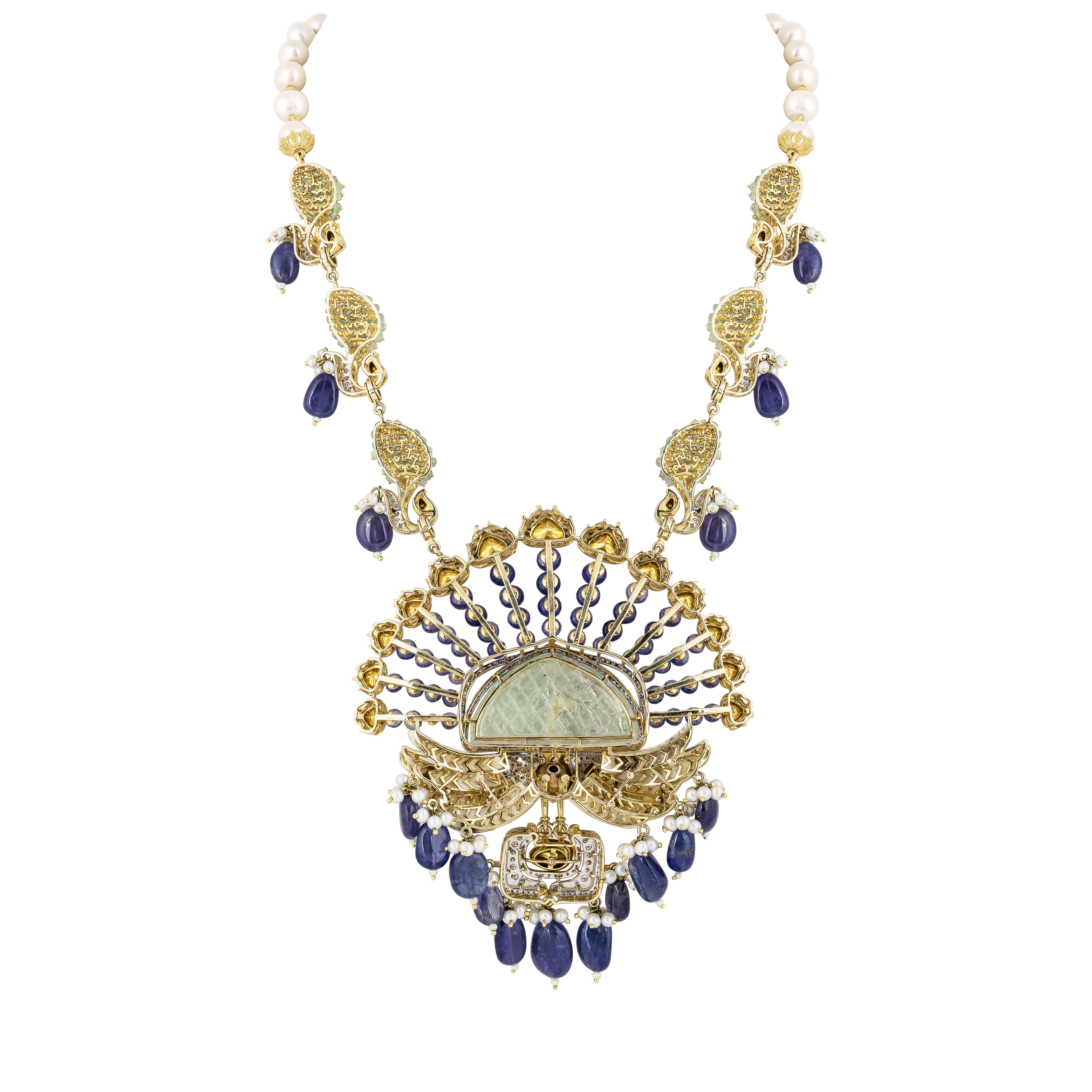 Peacock Pendant Necklace with Tanzanite , Mother of Pearl, Blue Enamel and Carved Stone