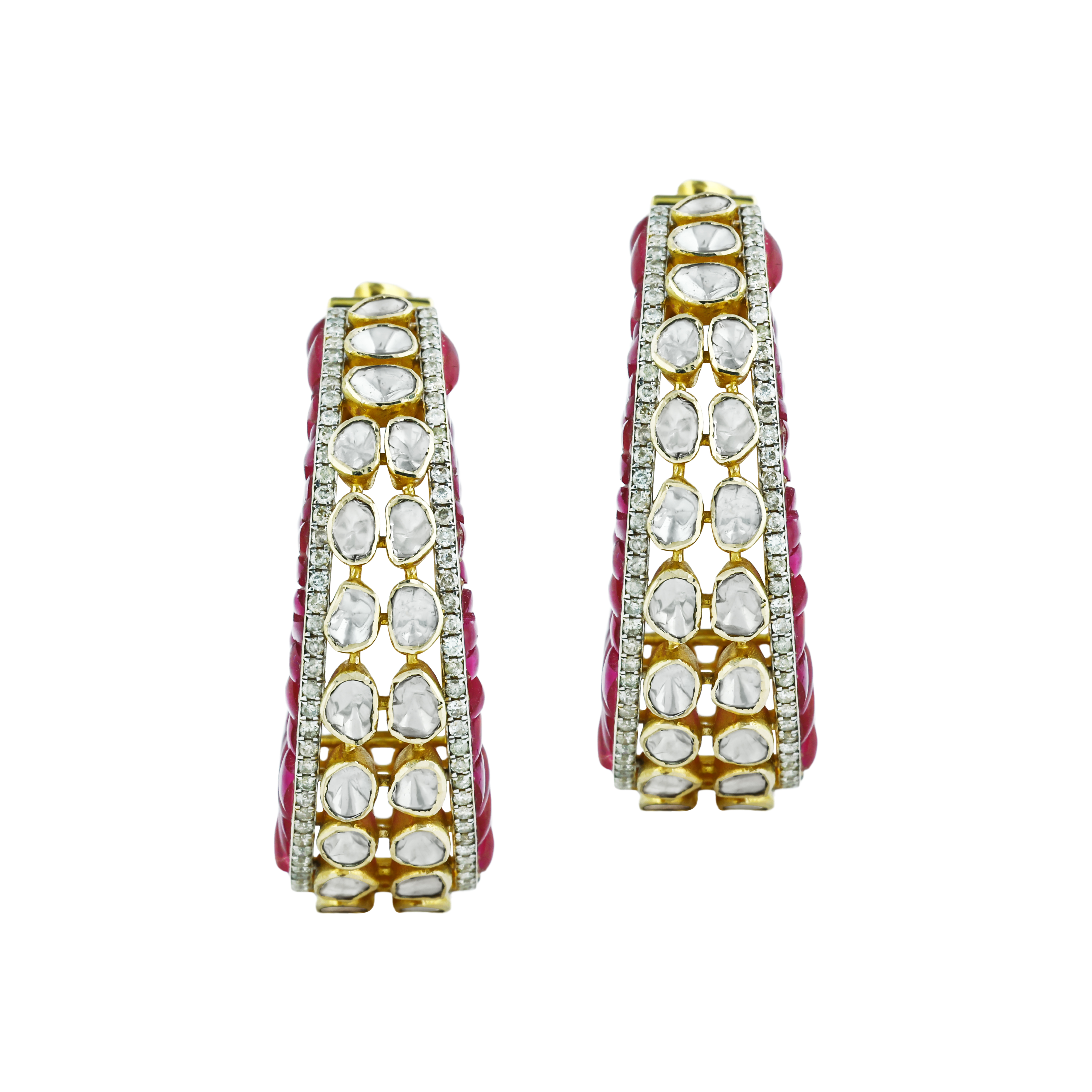 Polki Hoop Earrings with Red Talaf and Dual-Sided Design