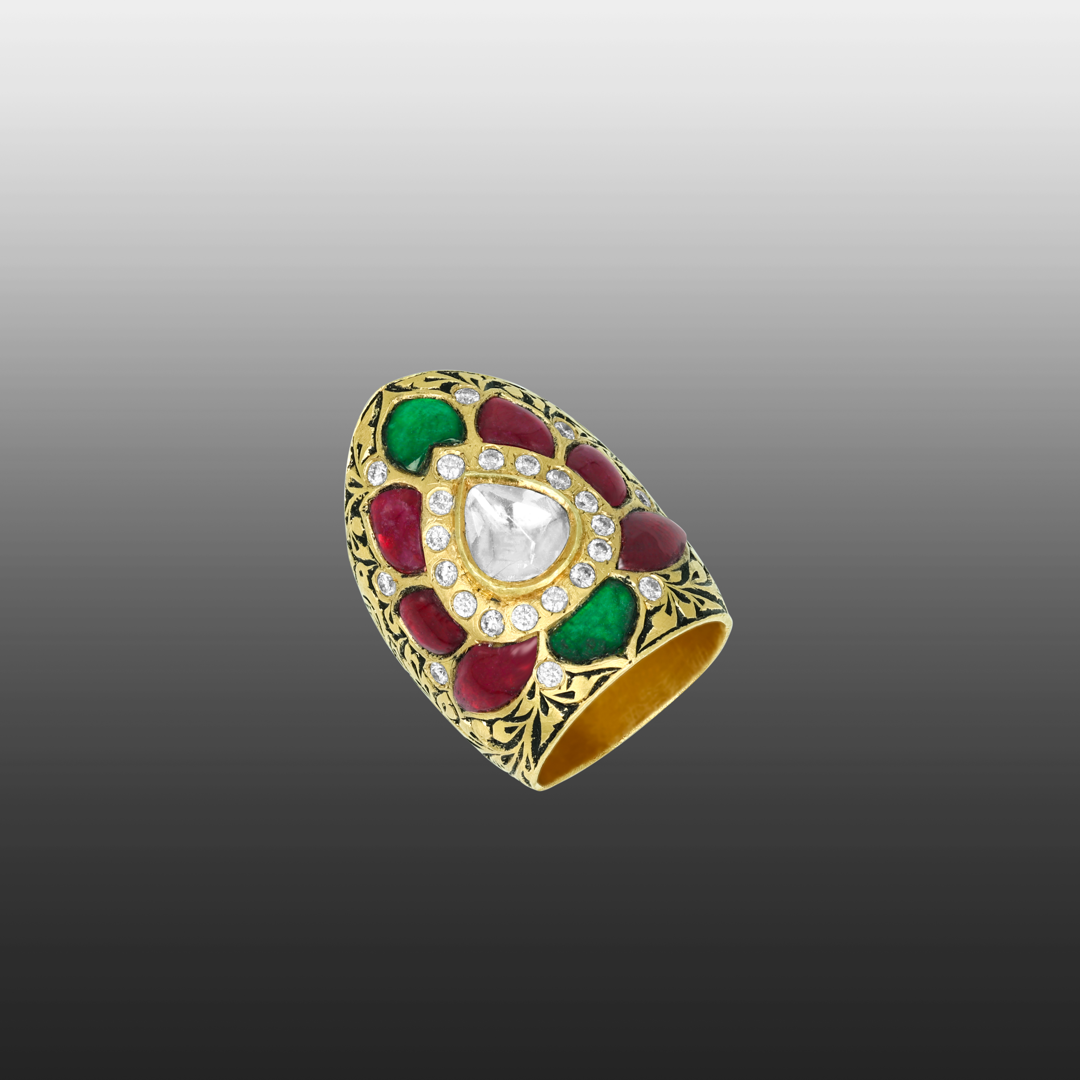Polki Statement Ring with Red-Green Gemstones and Floral Gold