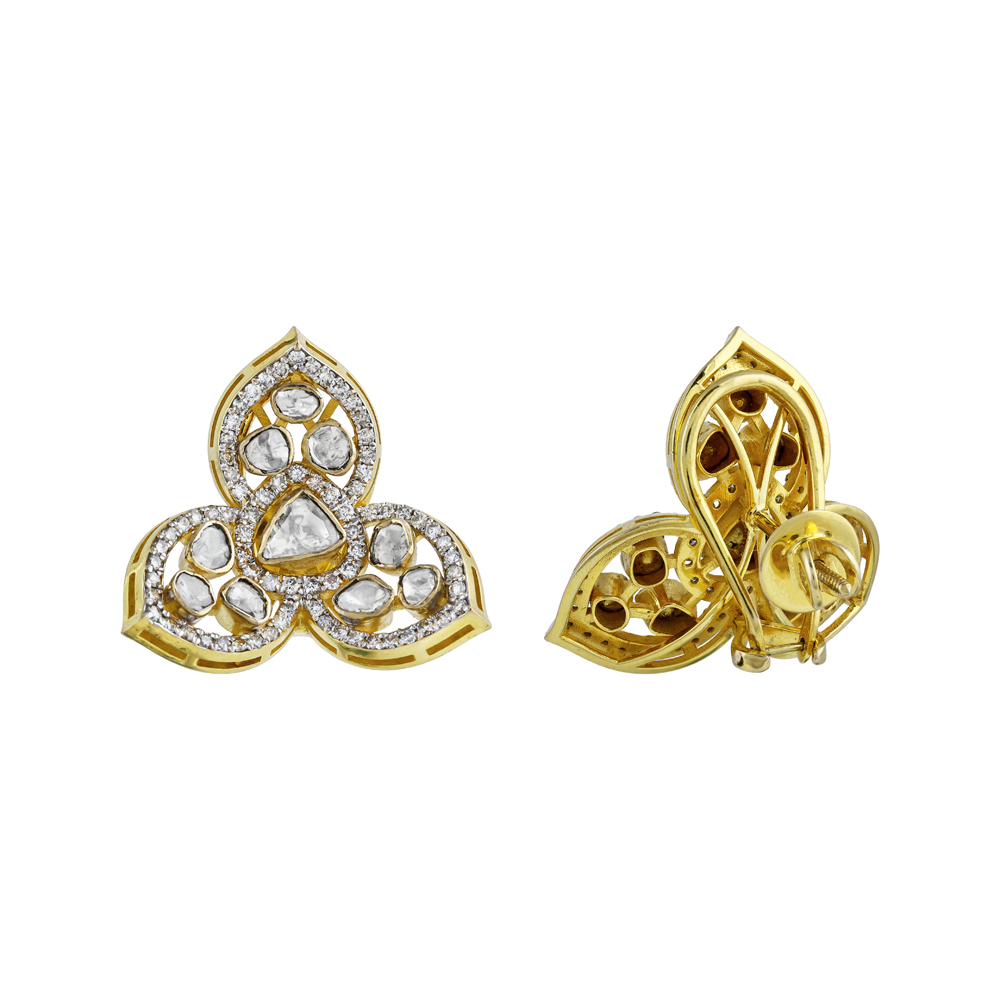 Clovershaped Uncut Diamond Earrings with Pave Diamond Frame