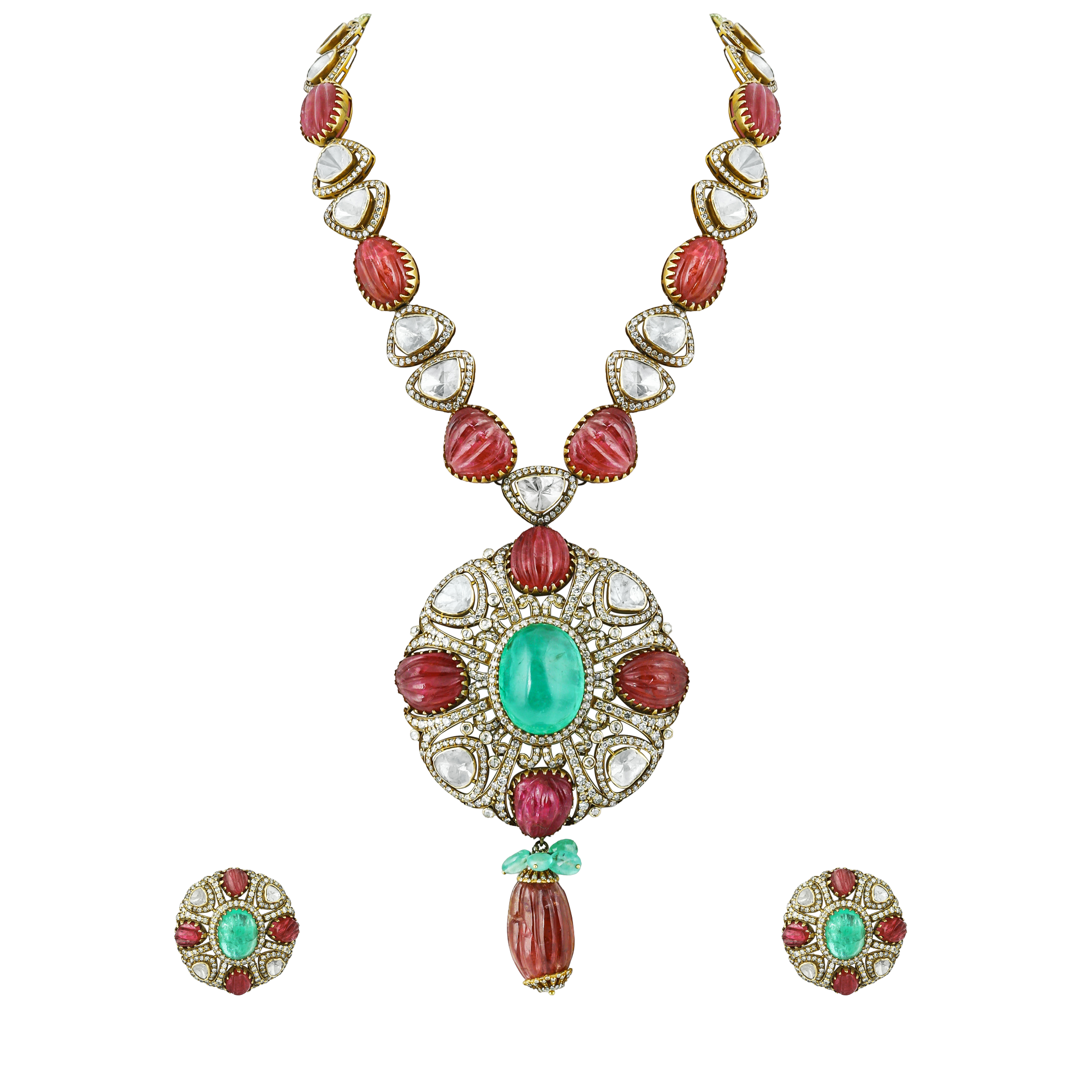 Carved Spinal and Emerald Pendant Necklace with Earrings