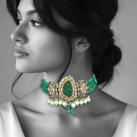 Carved Emerald Choker with Polki, Diamond Filigree, and Pearl Drops