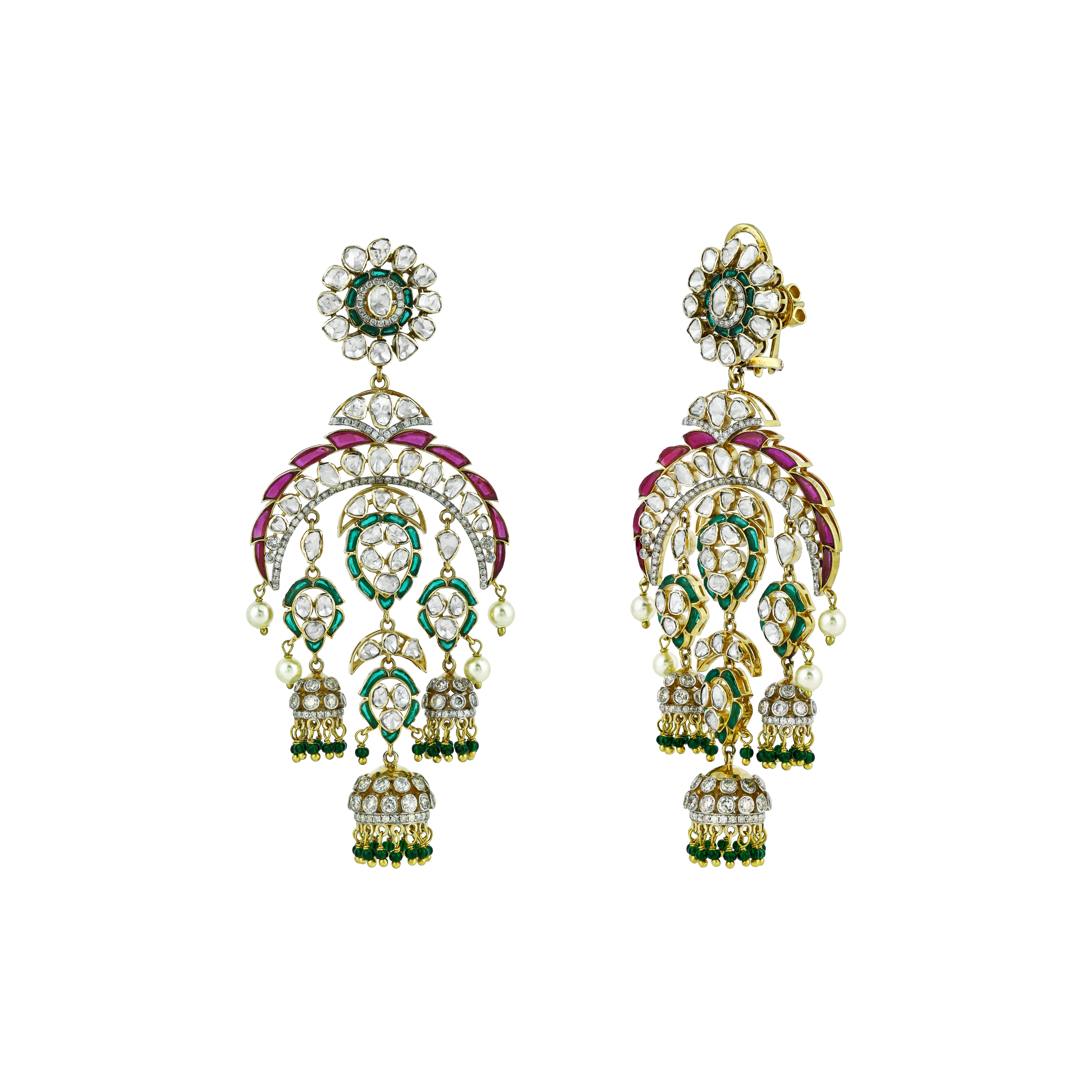 Polki Earrings with Green and Red Talafs, Pearl, and Tri-Jhumka Drops