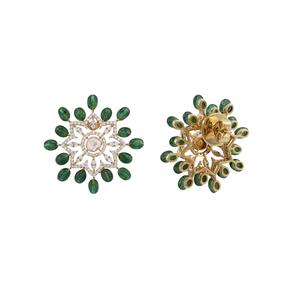 Floral Diamond Studs with Emerald Bead Accents