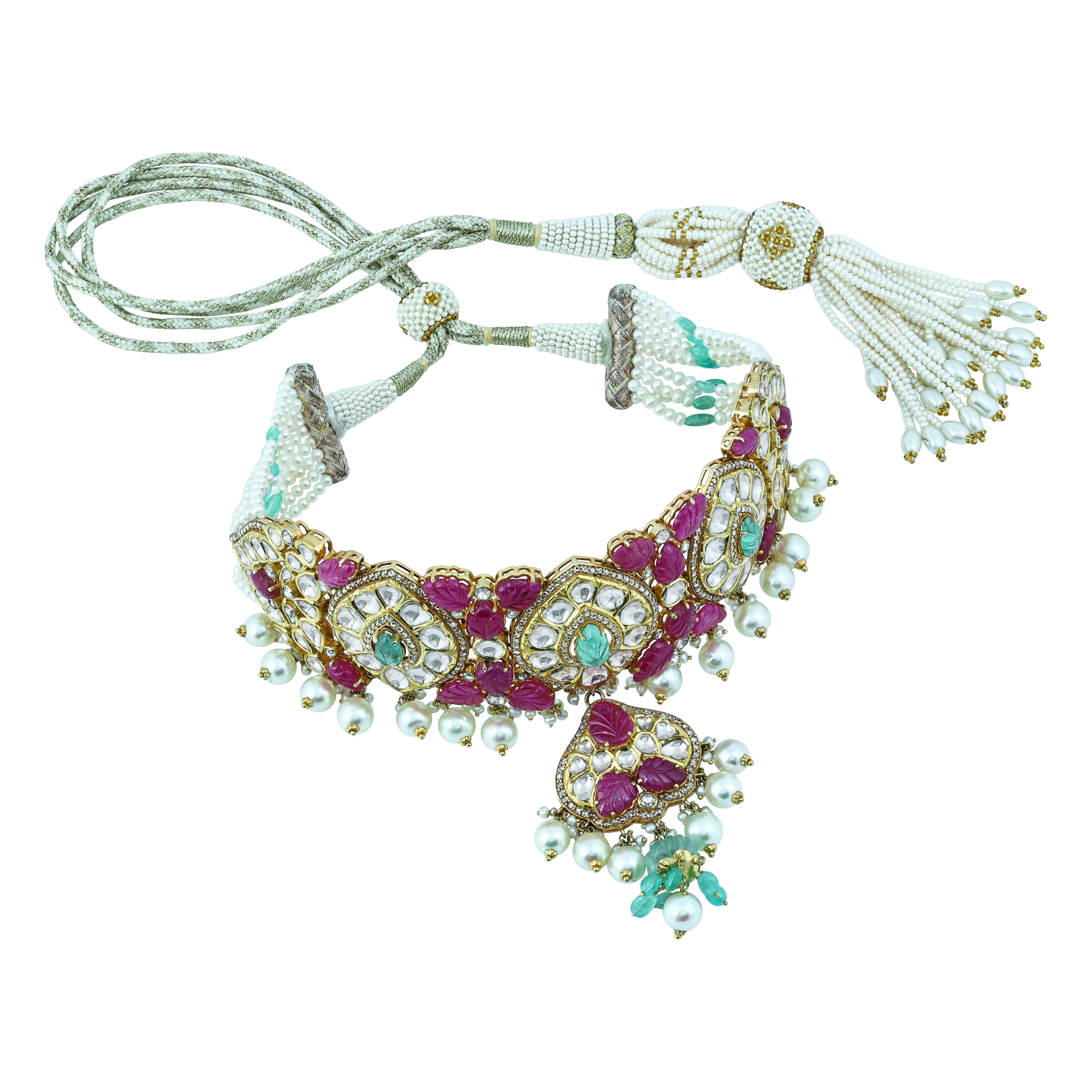 Ruby, Diamond & Emerald Choker Set with Pearl Drops