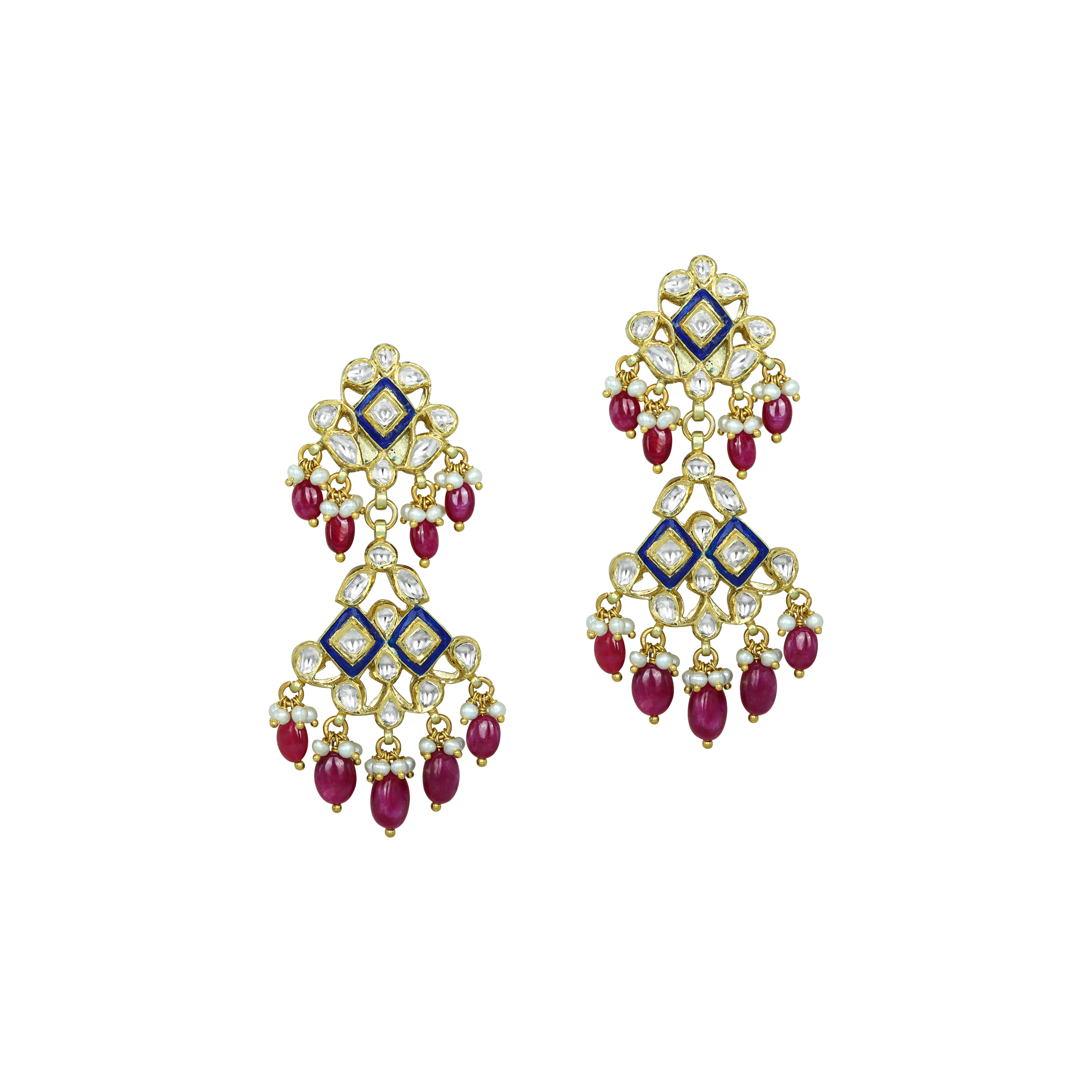Cascading Polki Earrings with Blue Enamel, Ruby, and Pearls
