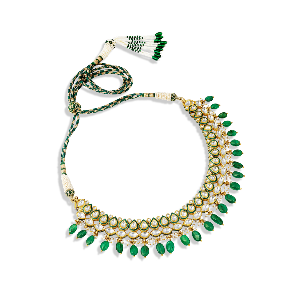 Pear-Shaped Polki Necklace with Green Meena and Emerald Drops