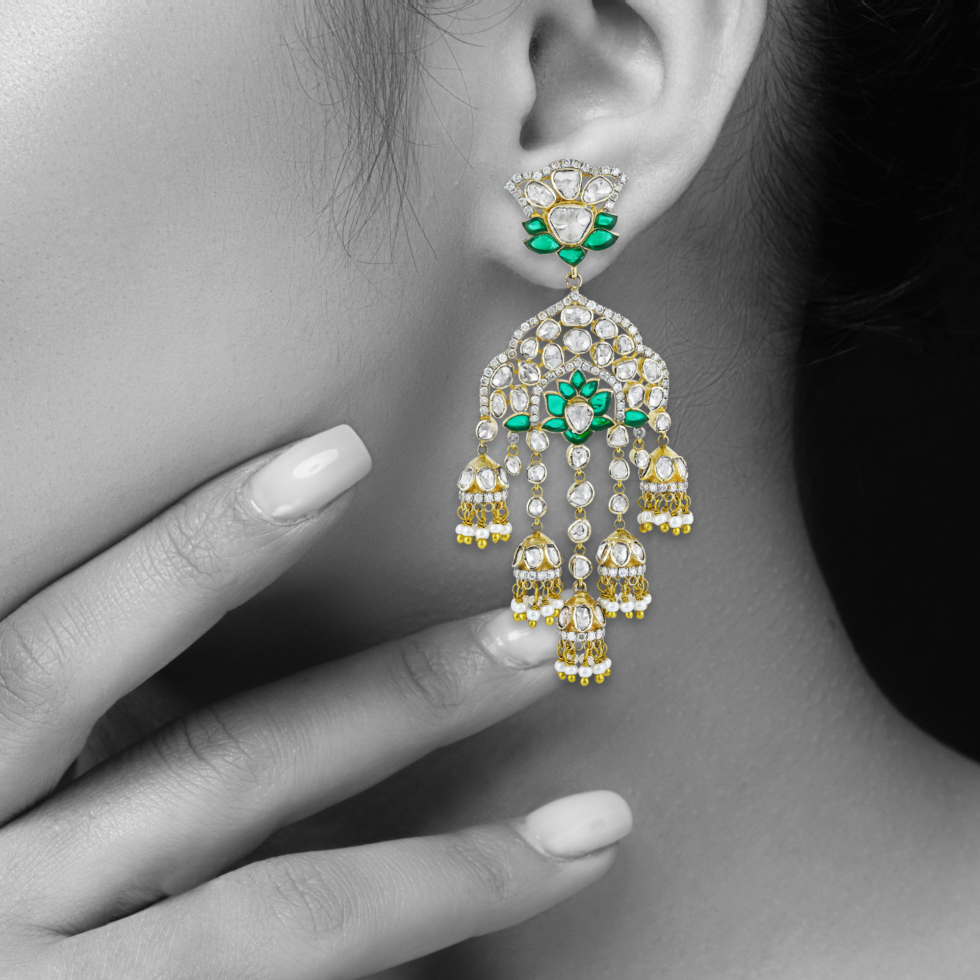 Polki Designer Jhumka Earrings with GreenTalaf Lotus and Pearl Accents