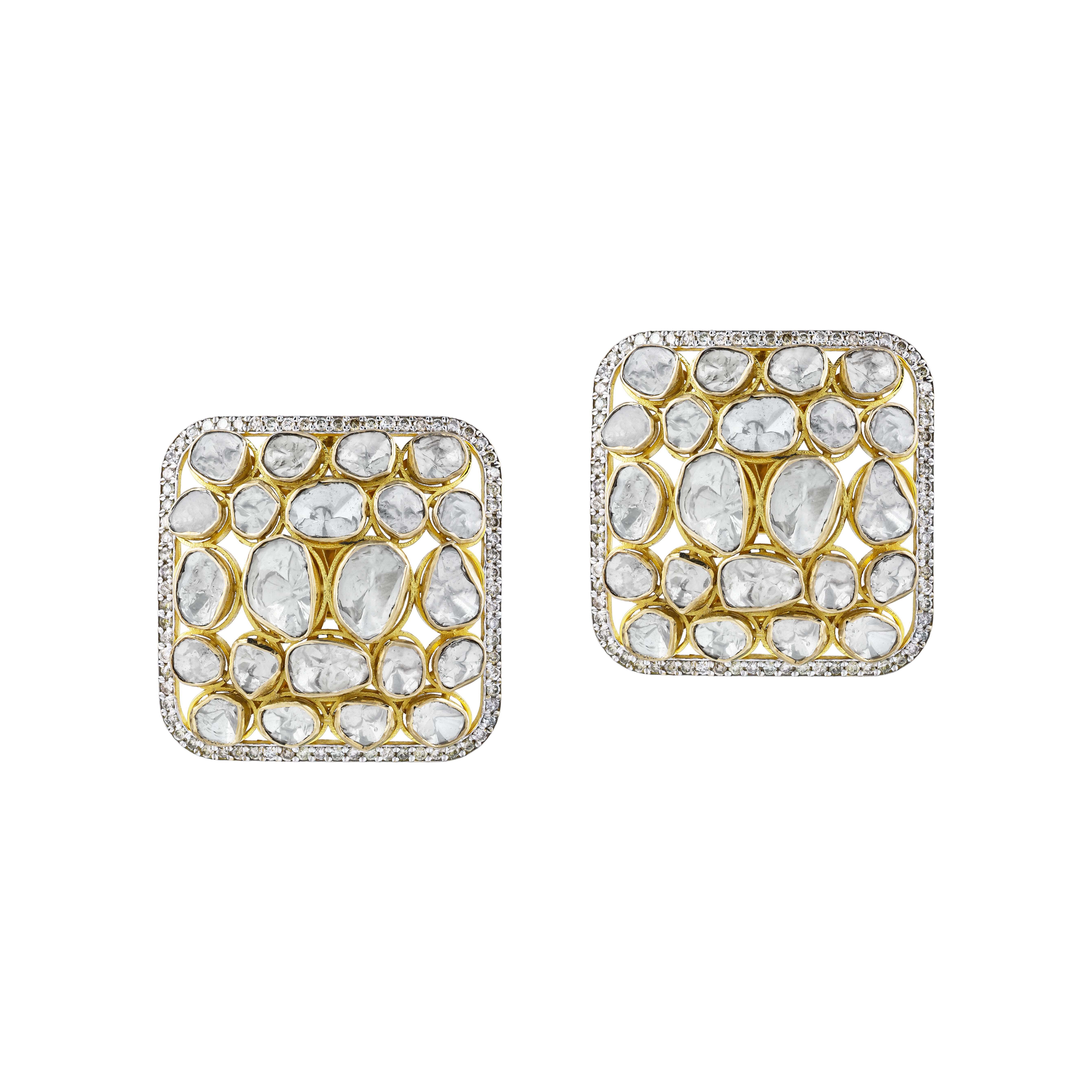 Square Diamond Earrings with Unshaped Cluster Polki