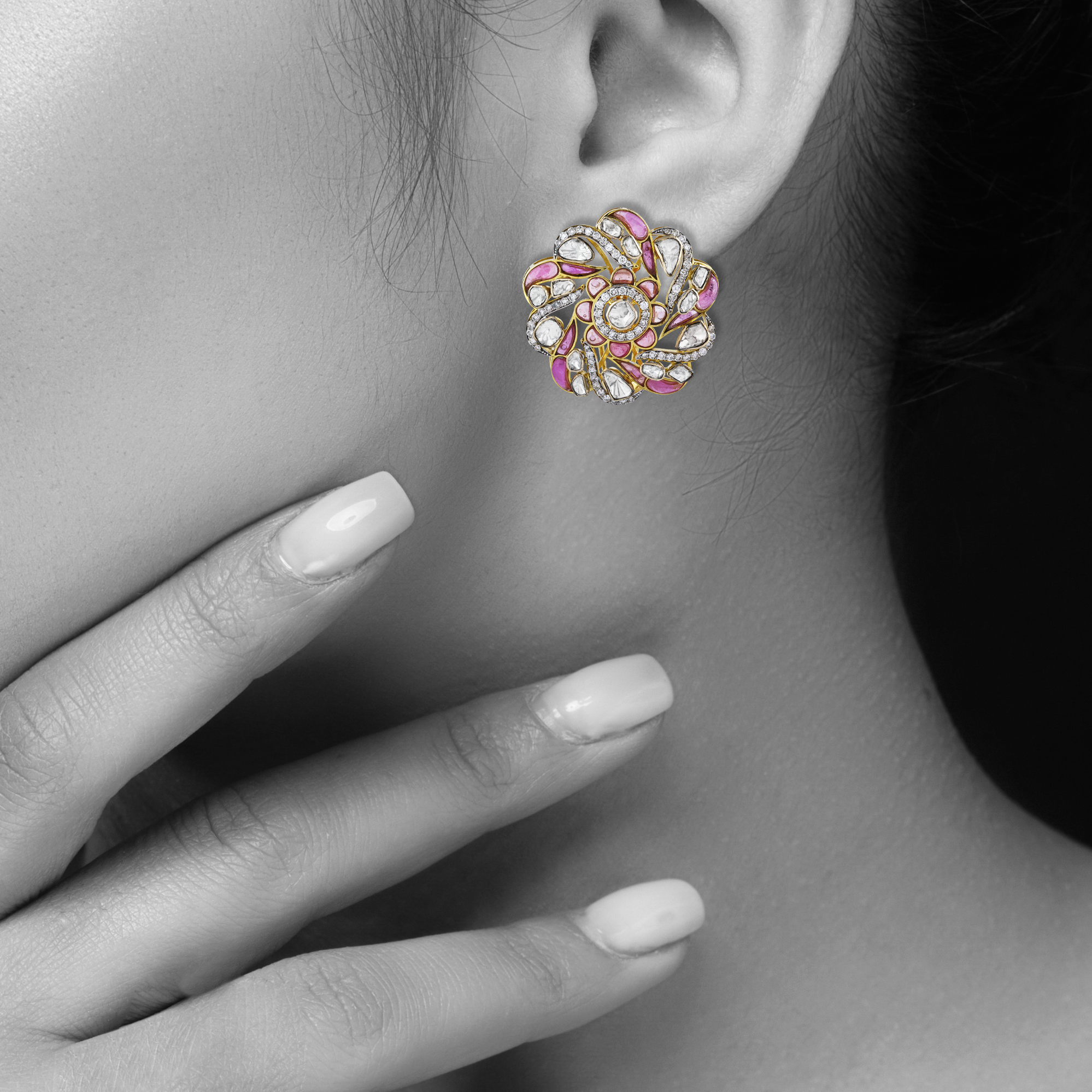 Floral Polki Earrings with Pink Talaf and Swirl Design