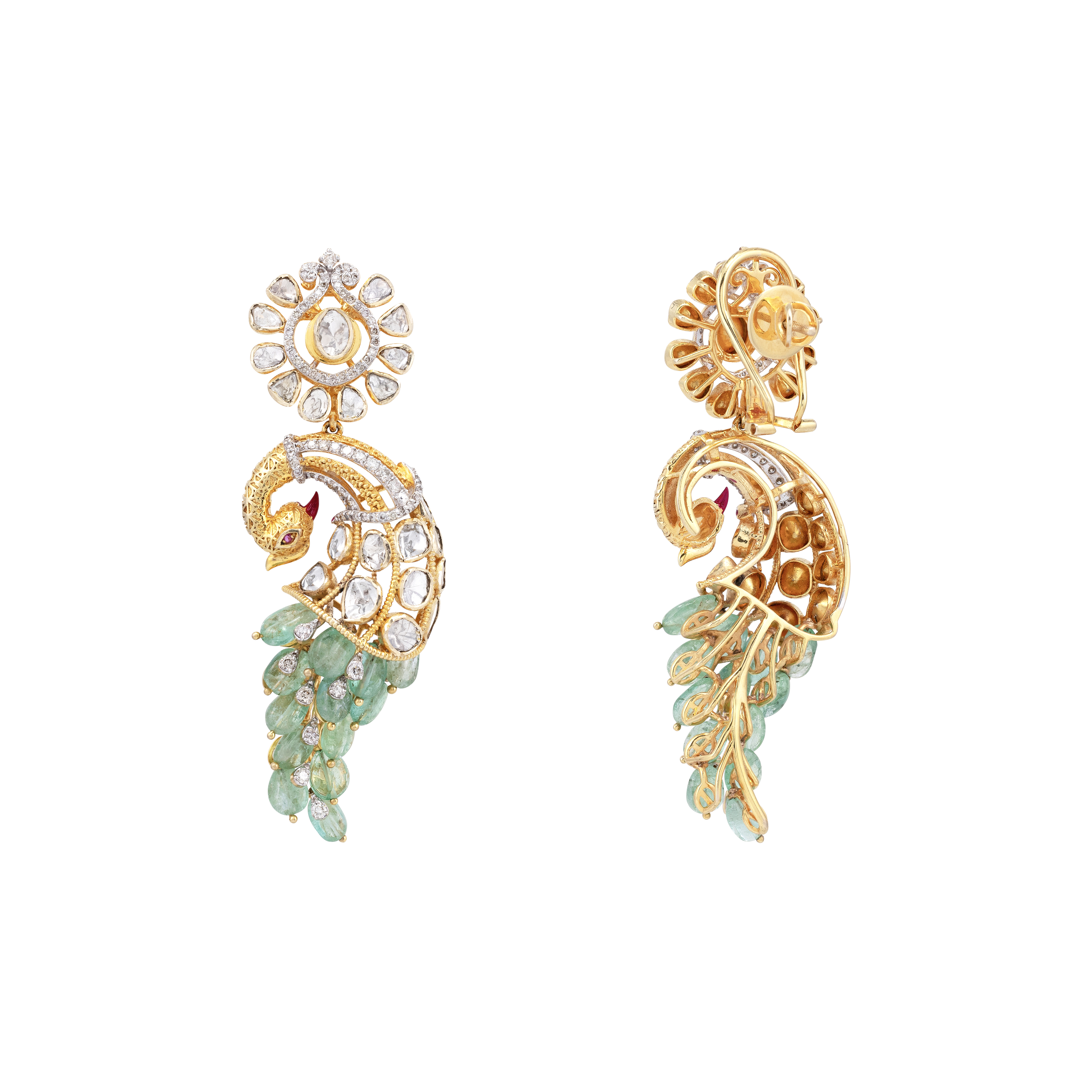 Emerald Feather Polki Peacock Drop Earrings