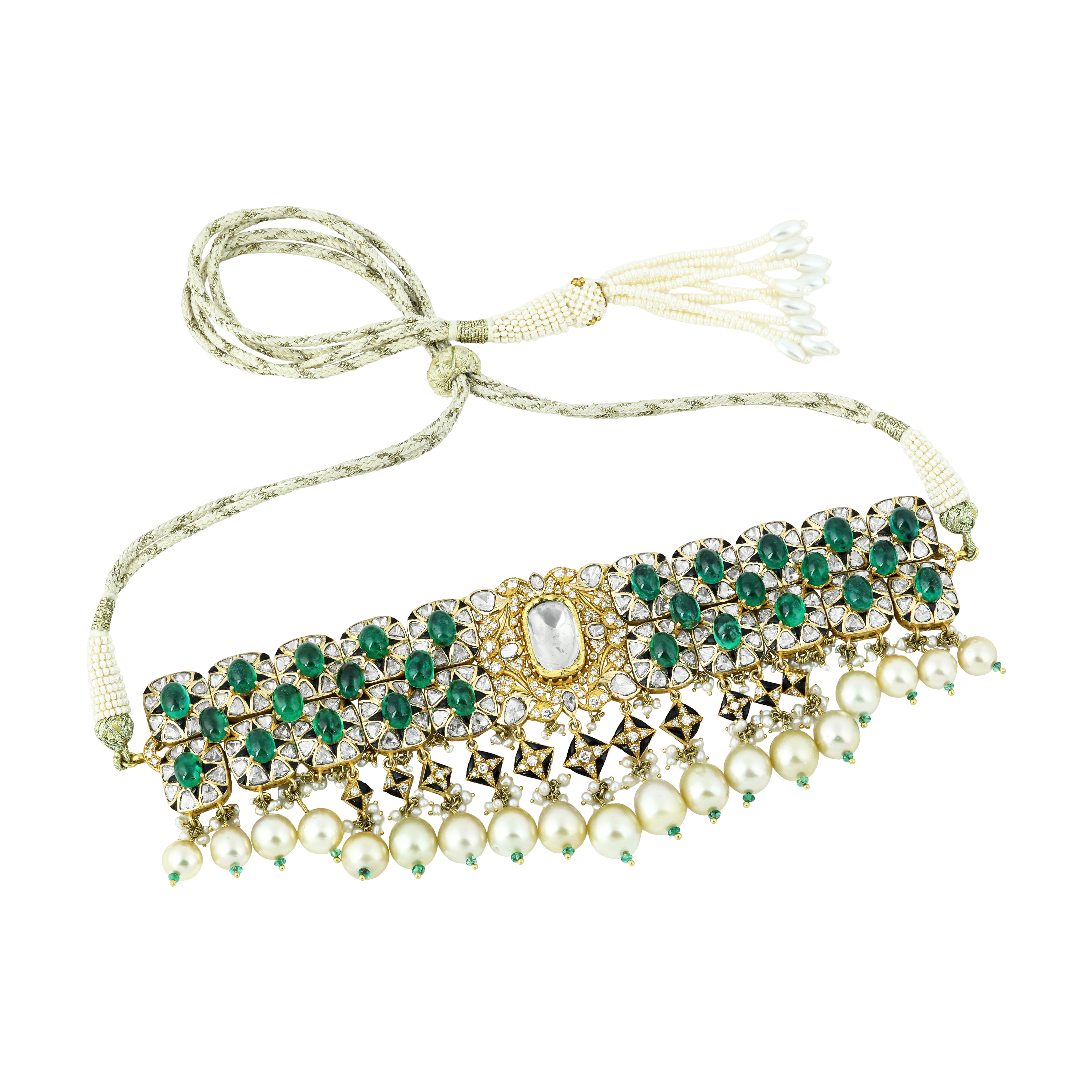 Emerald and Polki Diamond Choker with Pearl Drop Earrings