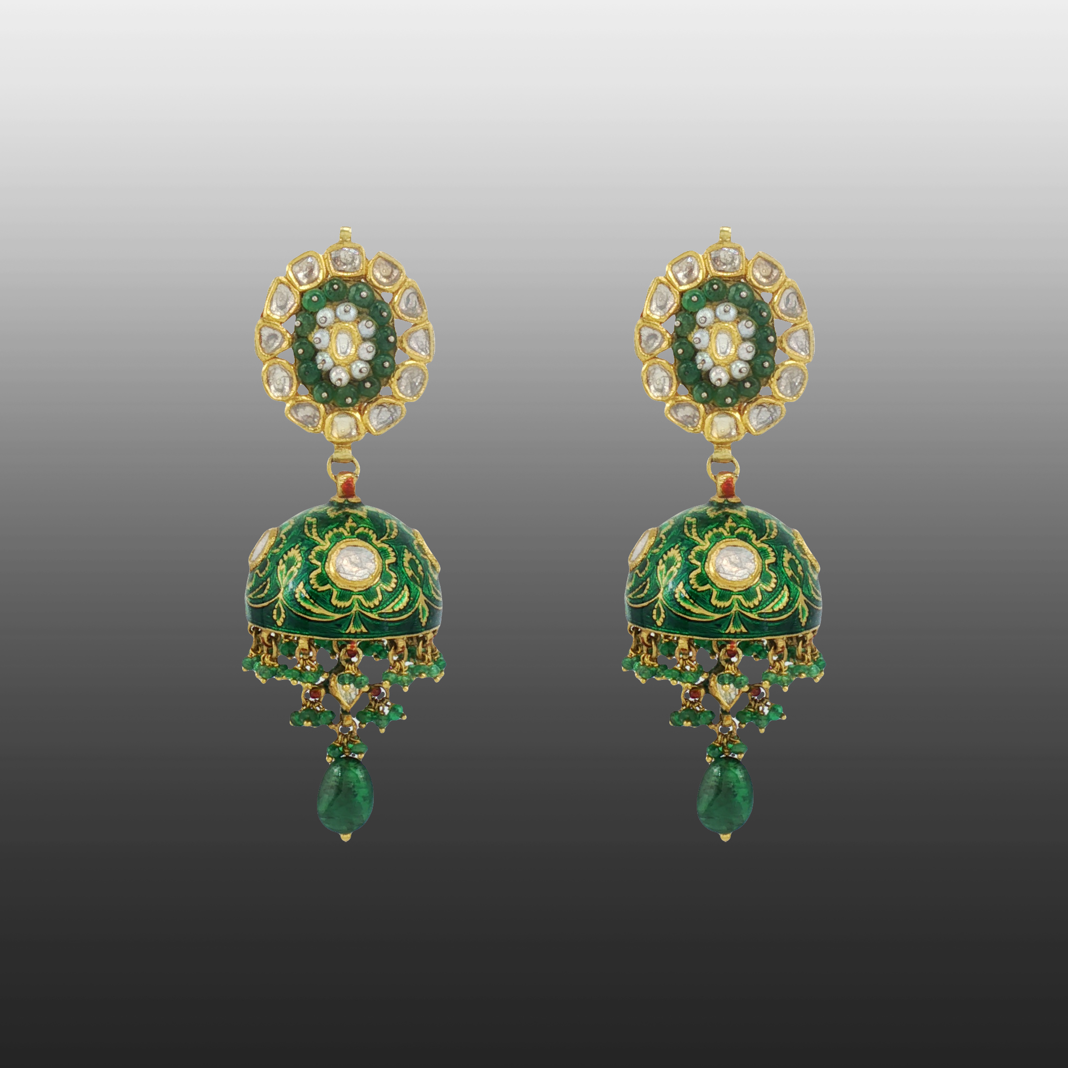 Emerald Bead Jhumkas with Polki Detailing