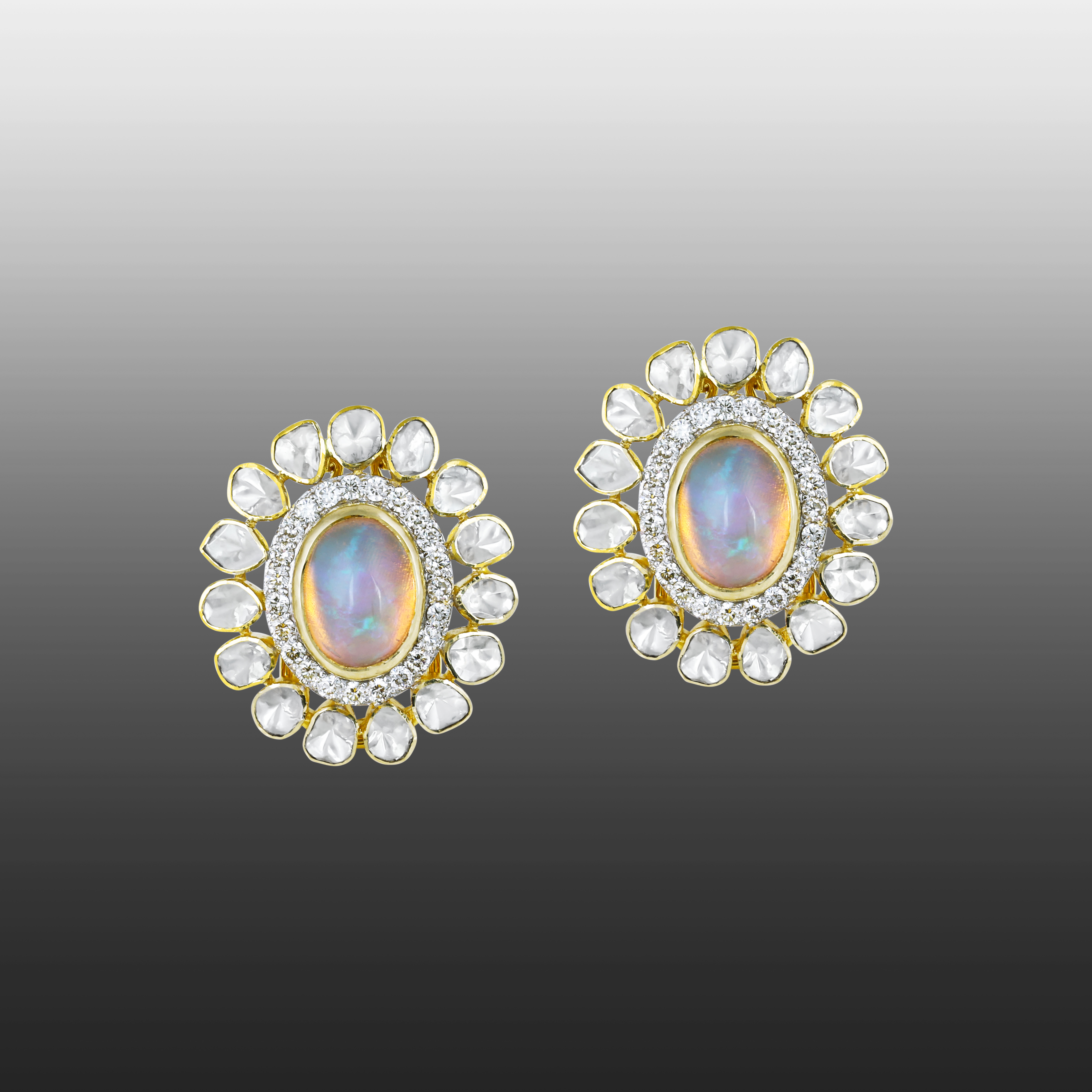 Opal Polki Floral Stud Earrings with Diamond Halo