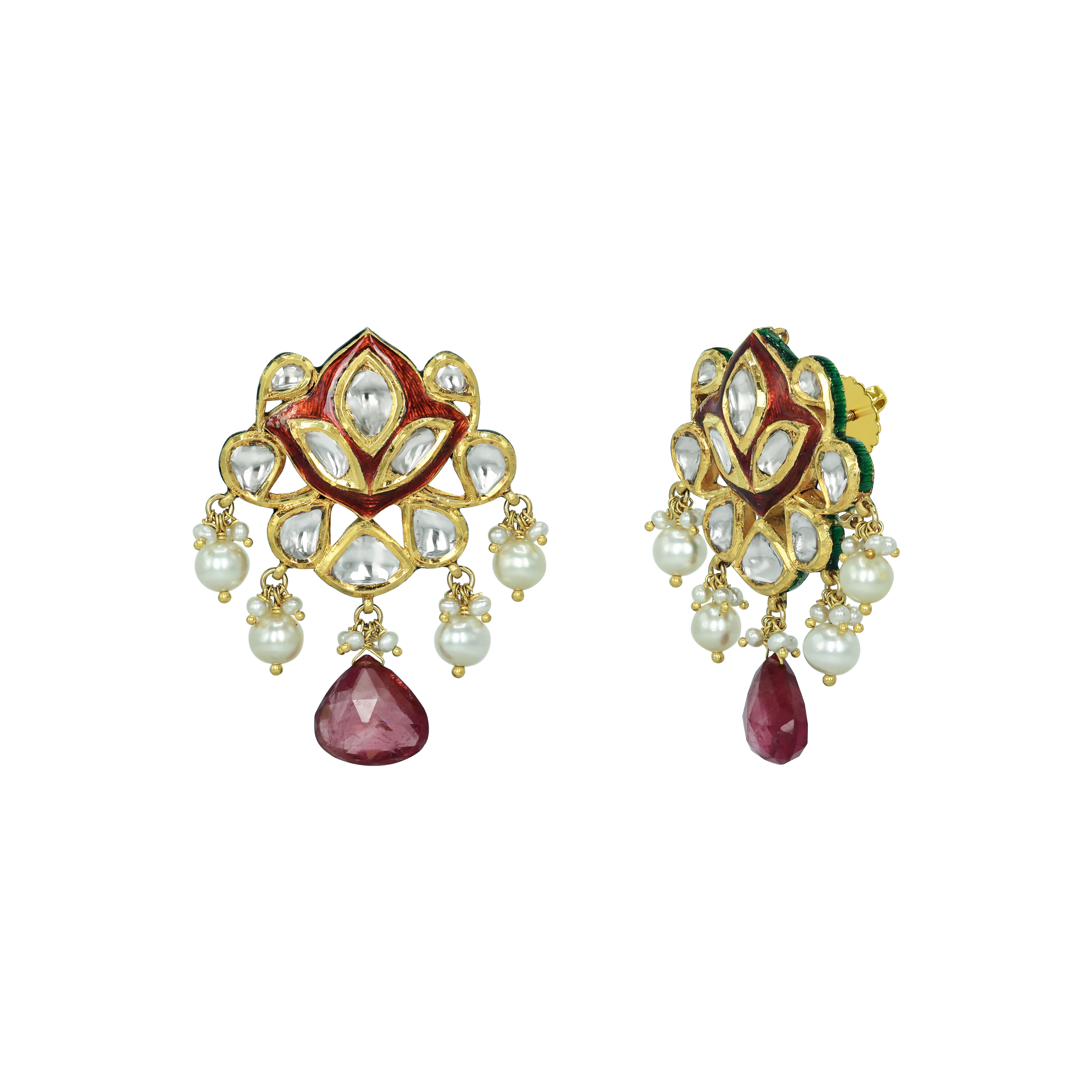 Red Enamel Polki Pendant Set with Tourmaline and Pearl Drops