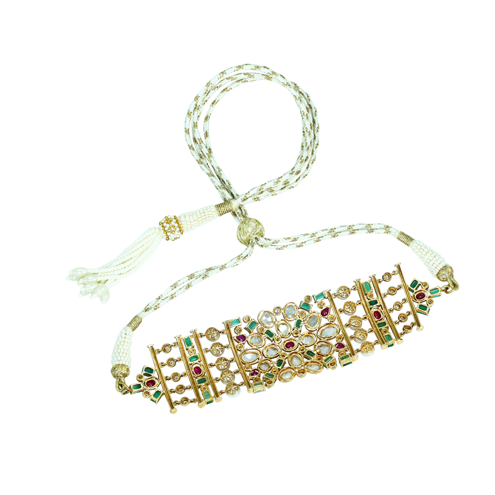 Polki Choker with Emerald Colour stone, Rubies, and Pearls
