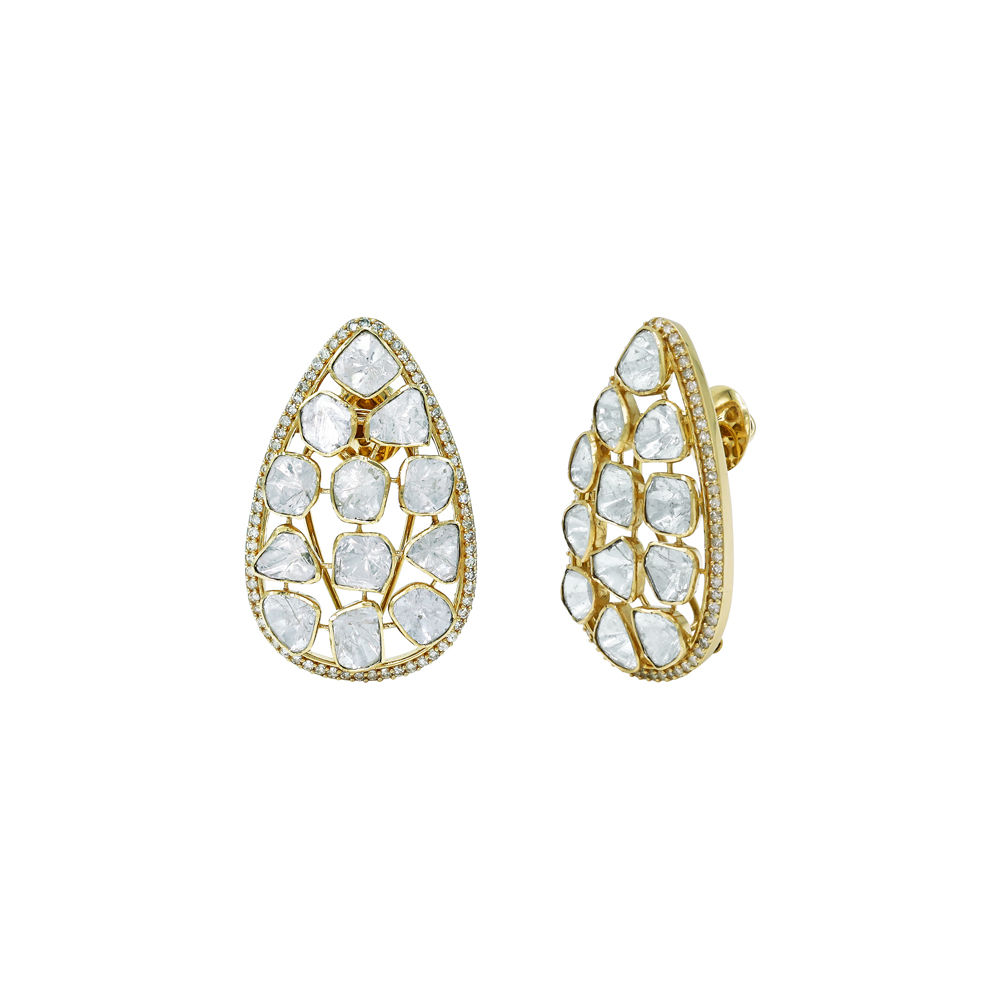 Teardrop Polki Earrings with Lattice Design and Diamond Border