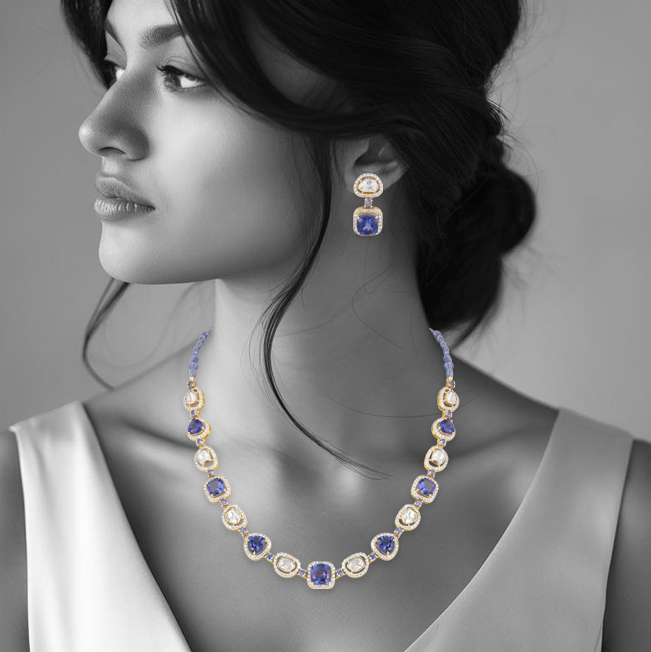Tanzanite & Polki Diamond Necklace Set with Pave Detailing