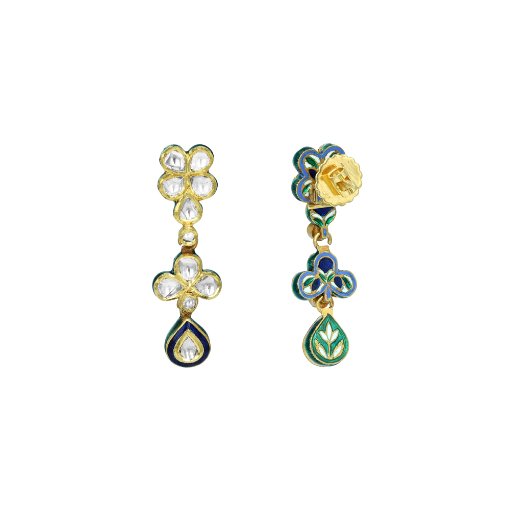Floral Polki Earrings with Blue Enamel Drops