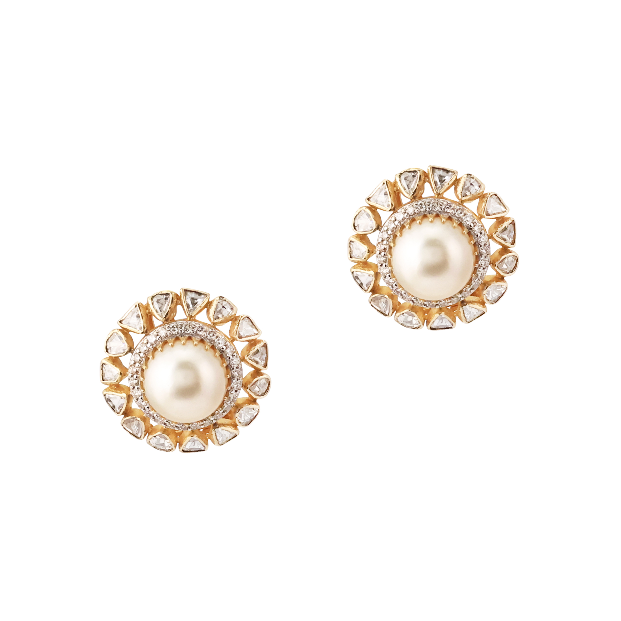 Pearl Stud with Surrounding Uncut Polki and Diamond Band