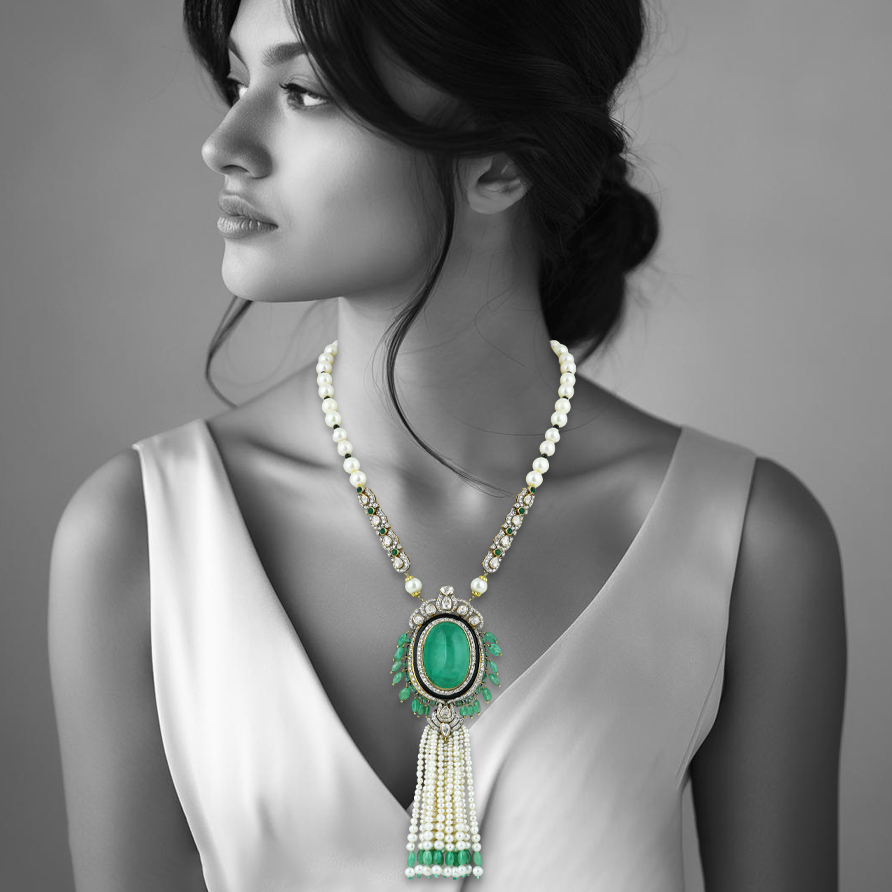 Oval Emerald Polki Pendant with Pearl & Emerald Tassels