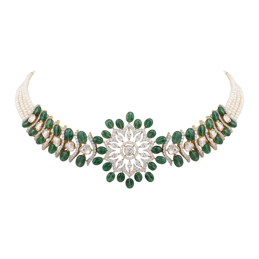 Floral Diamond Choker with Emerald Beads and Pearl Strands