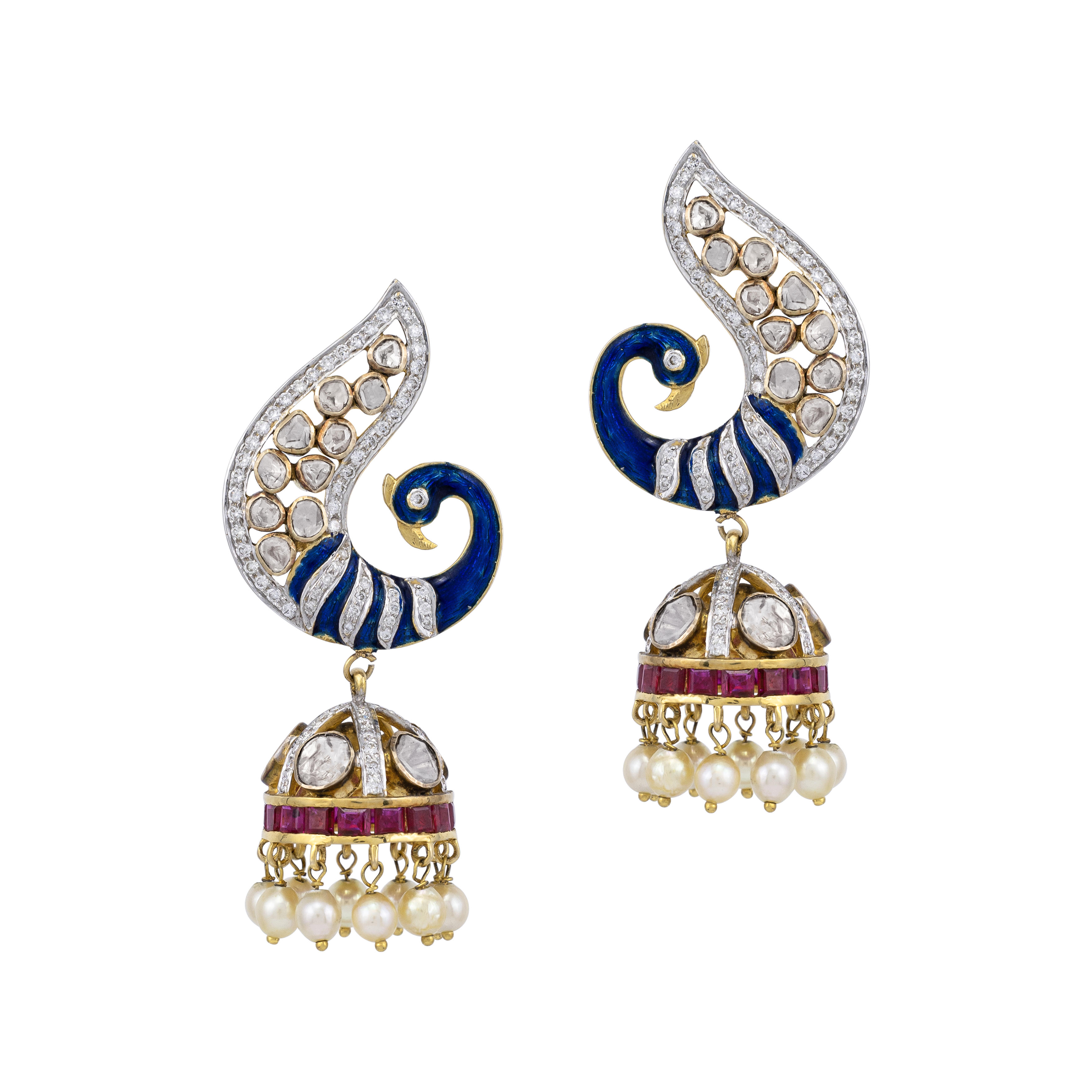 Peacock Danglers with Ruby and Japanese Pearls