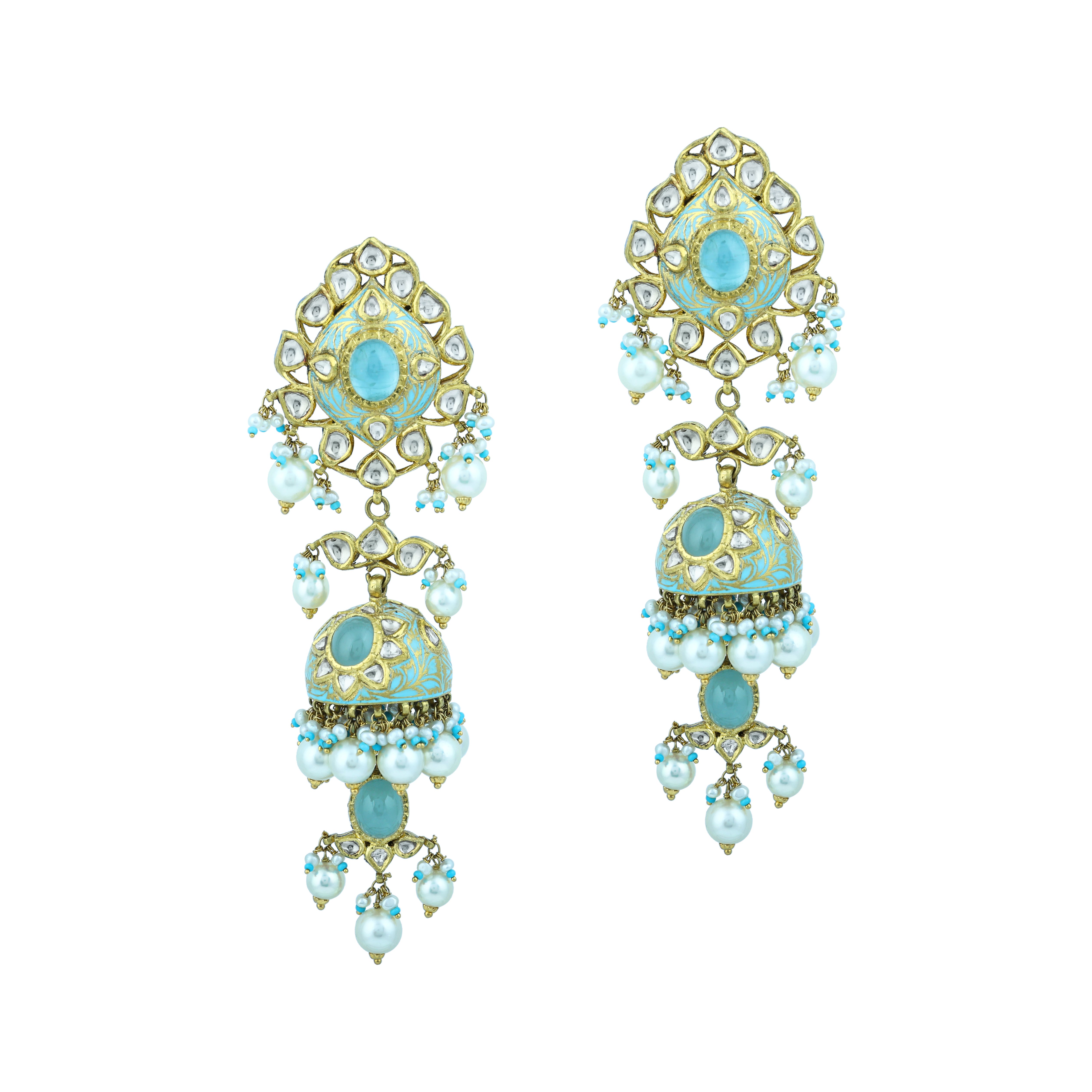 Turquoise Enamel Choker Set with Teardrop Polki and Pearl Clusters