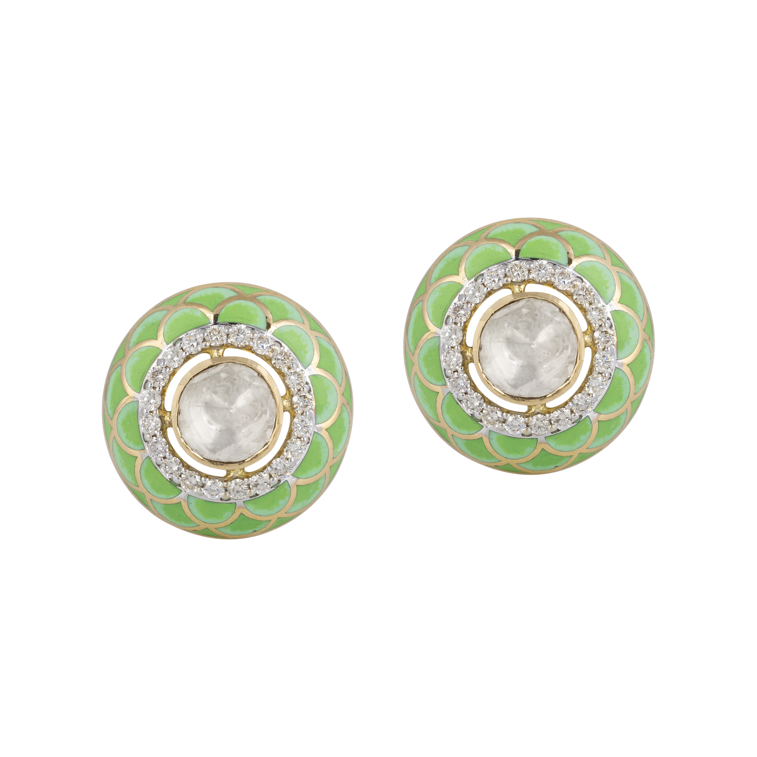Pastel Green Enamel Stud Earrings with Polki and Diamonds