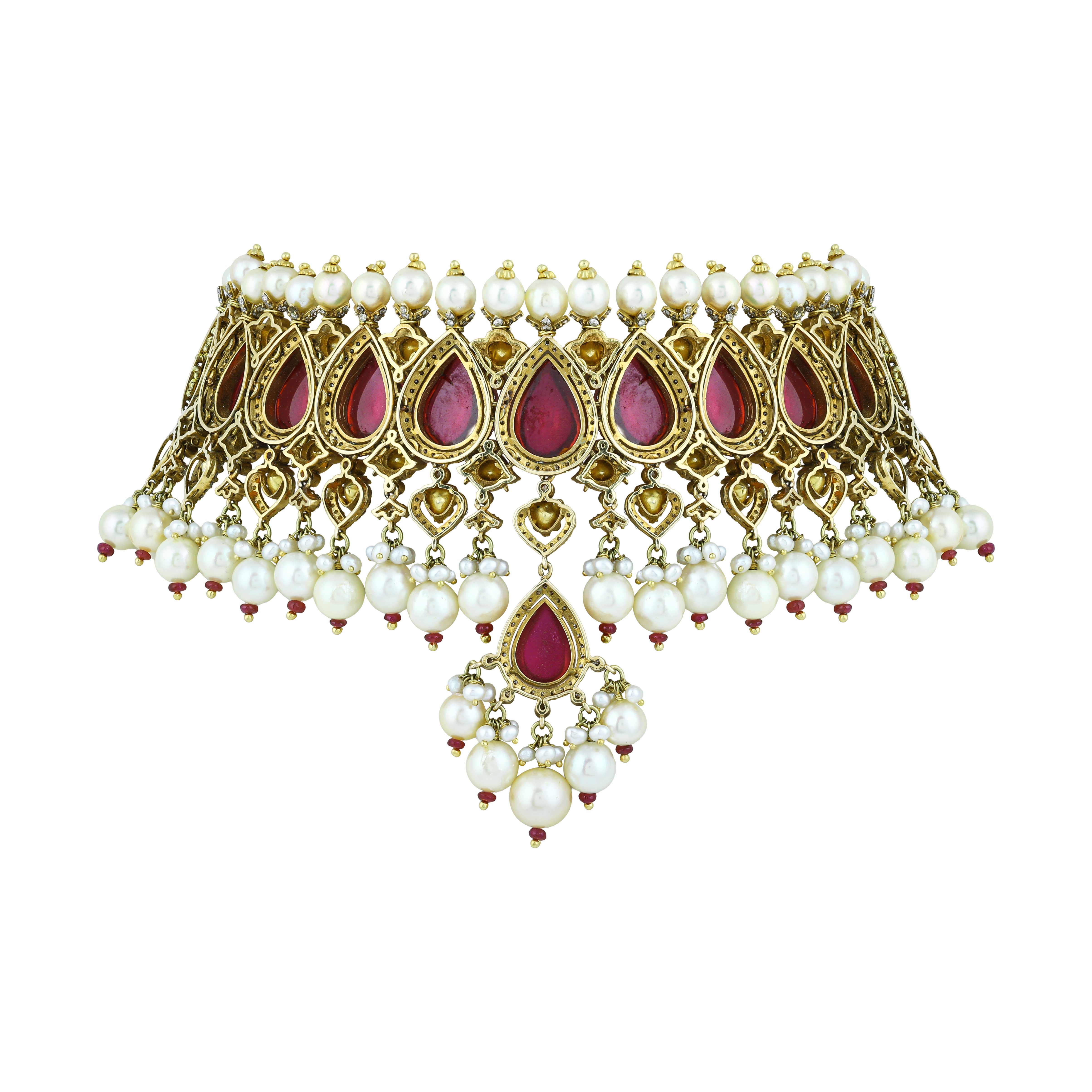 Ruby Colourstone Teardrop Choker Set with Polki Diamonds & Pearls
