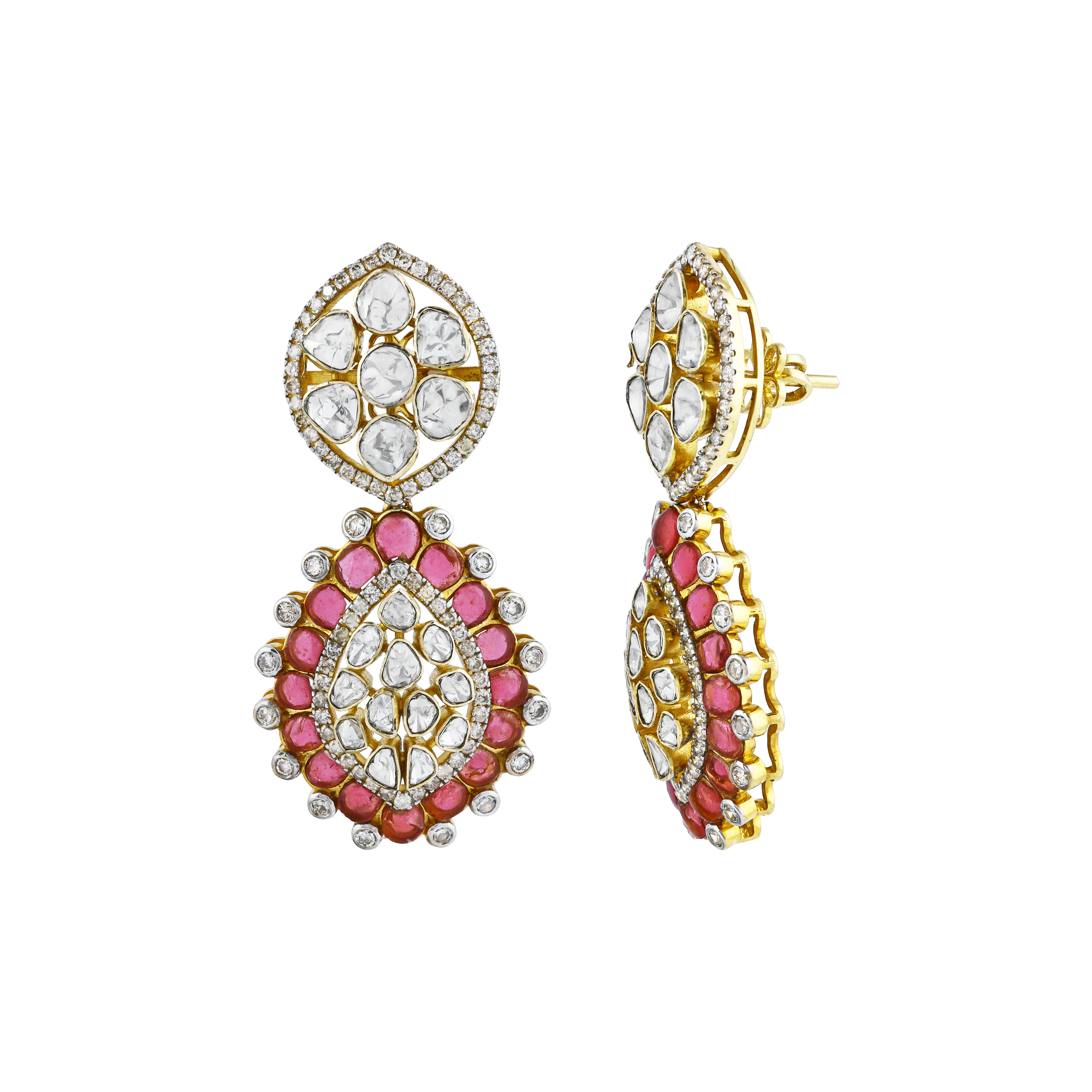 Earrings with Uncut Diamonds and Pink Colour Stone Accents