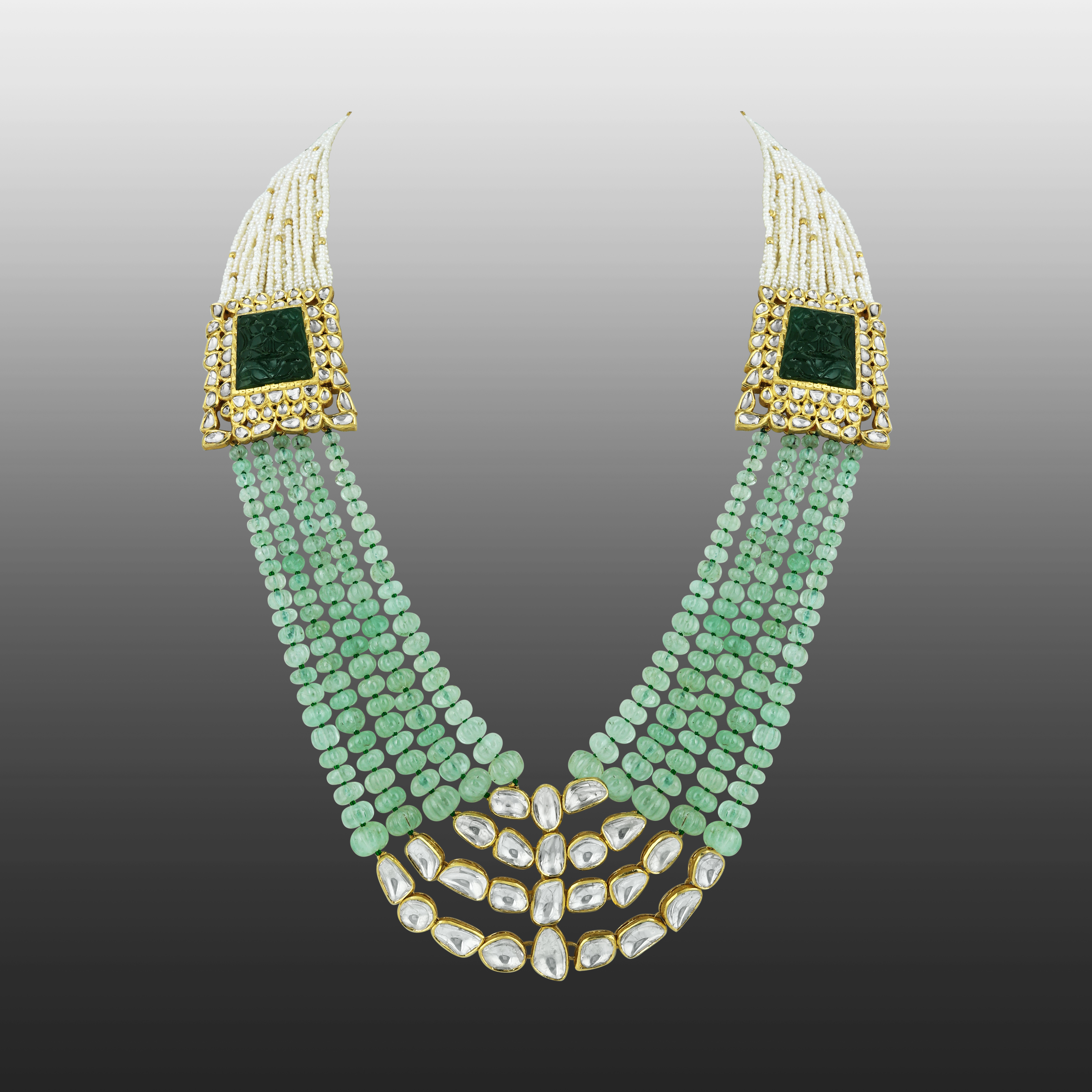 Polki Necklace with Carved Gemstone & Cascading Green Beads