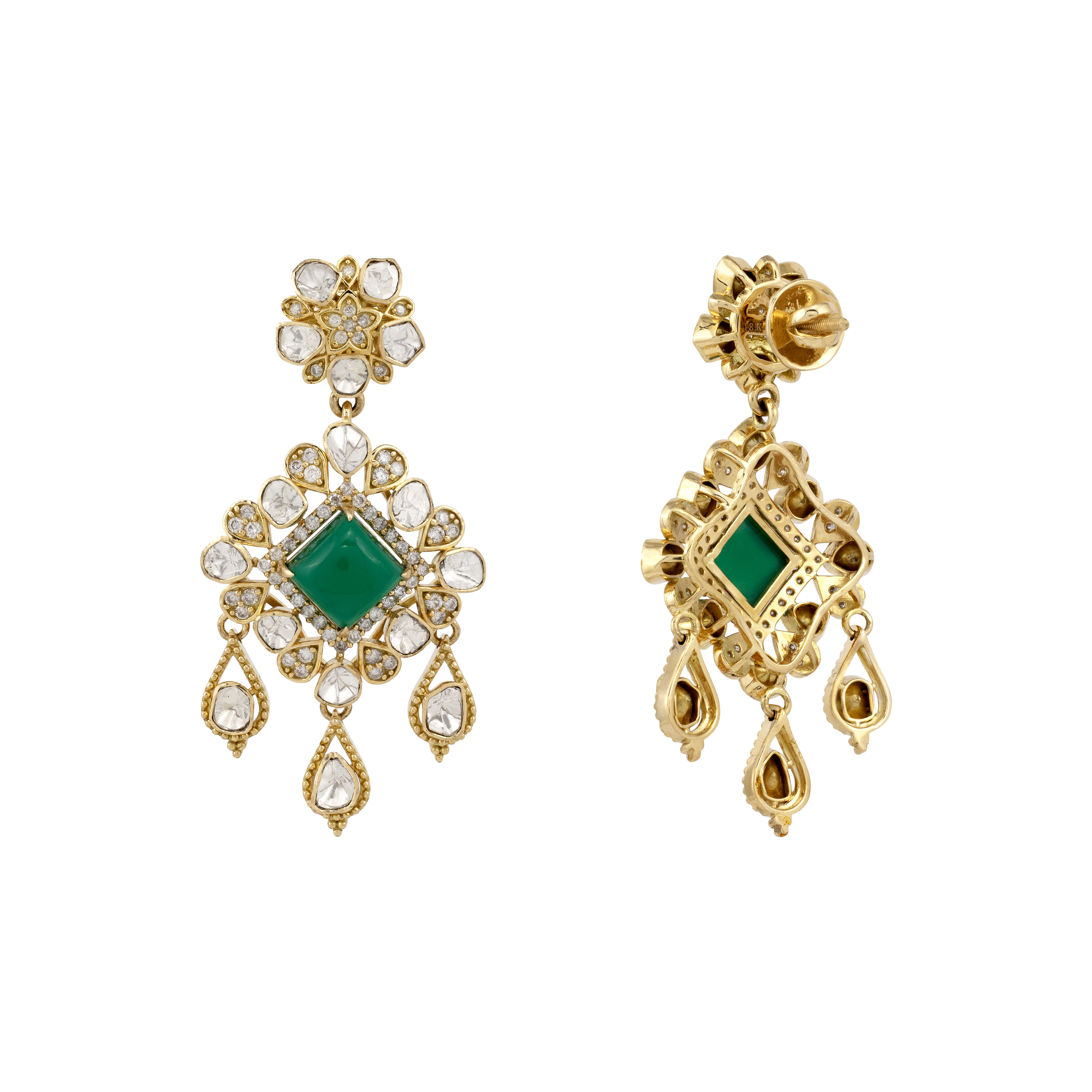 Polki Drop Earrings with Emerald Colour Center Stone