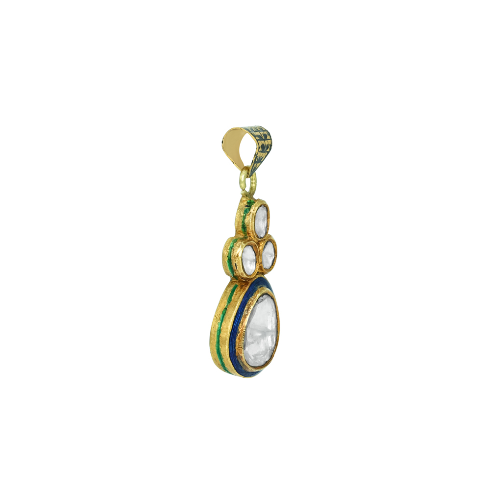 Teardrop Polki Pendant with Blue Enamel