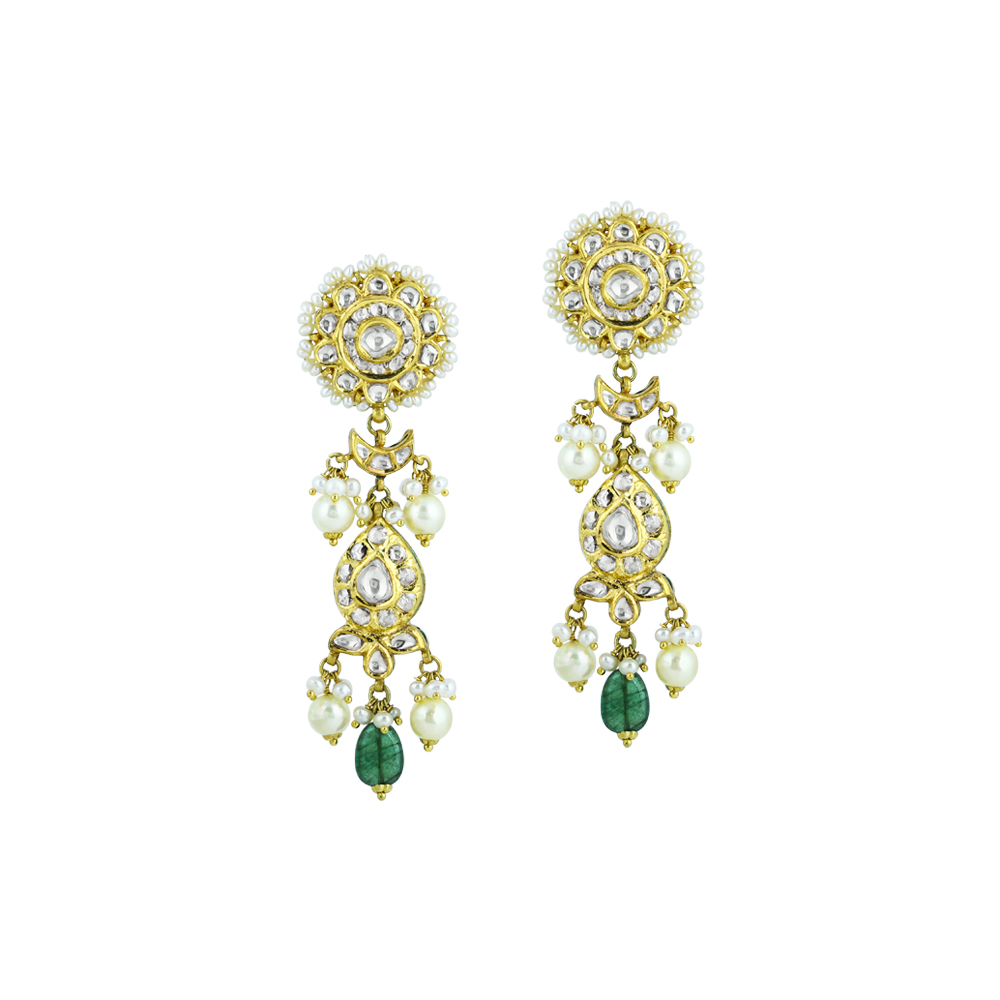 Polki Necklace Set with Emerald Drops and Pearl Strands