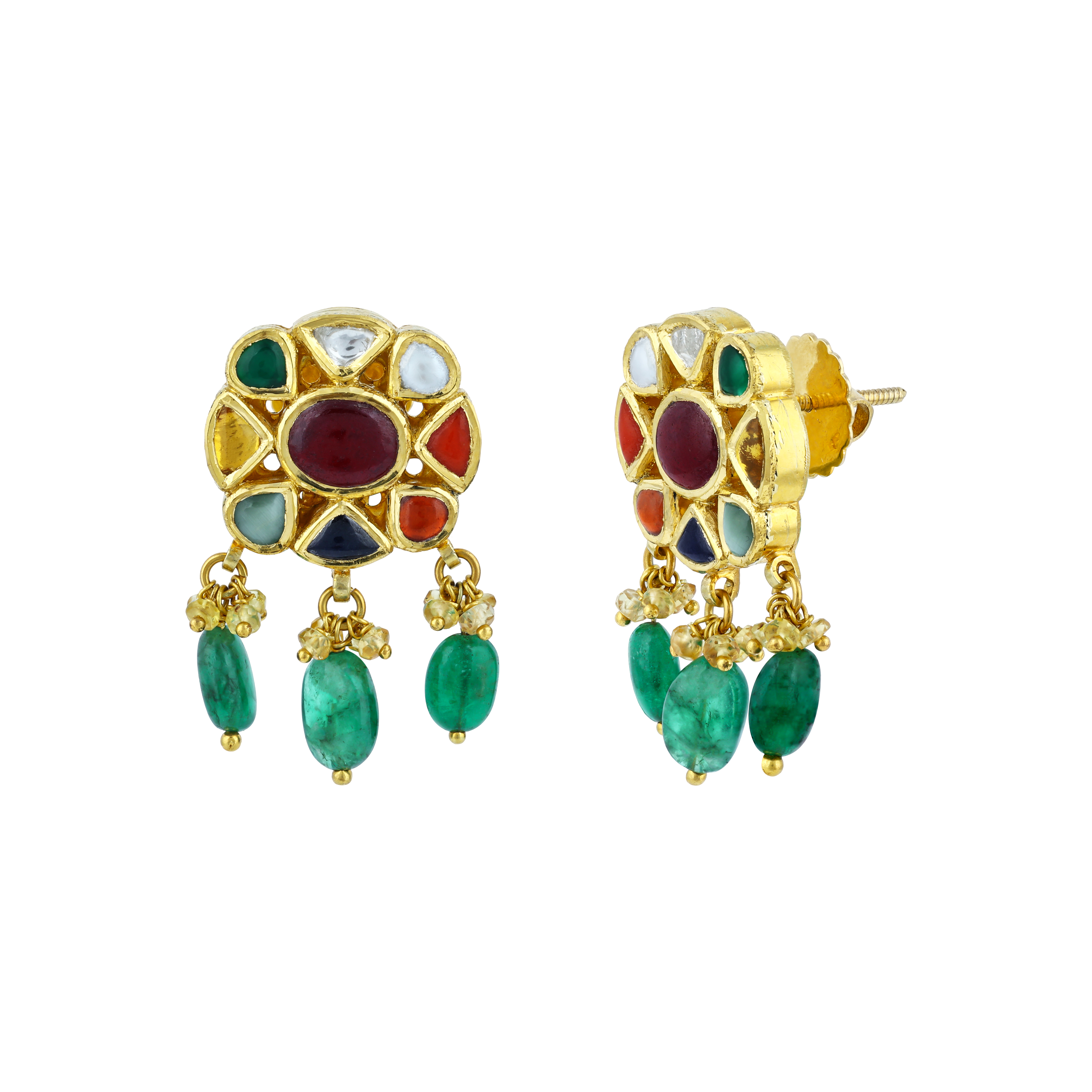 Floral Navratna Earrings with Multi-coloured Gemstones and Emerald Drops
