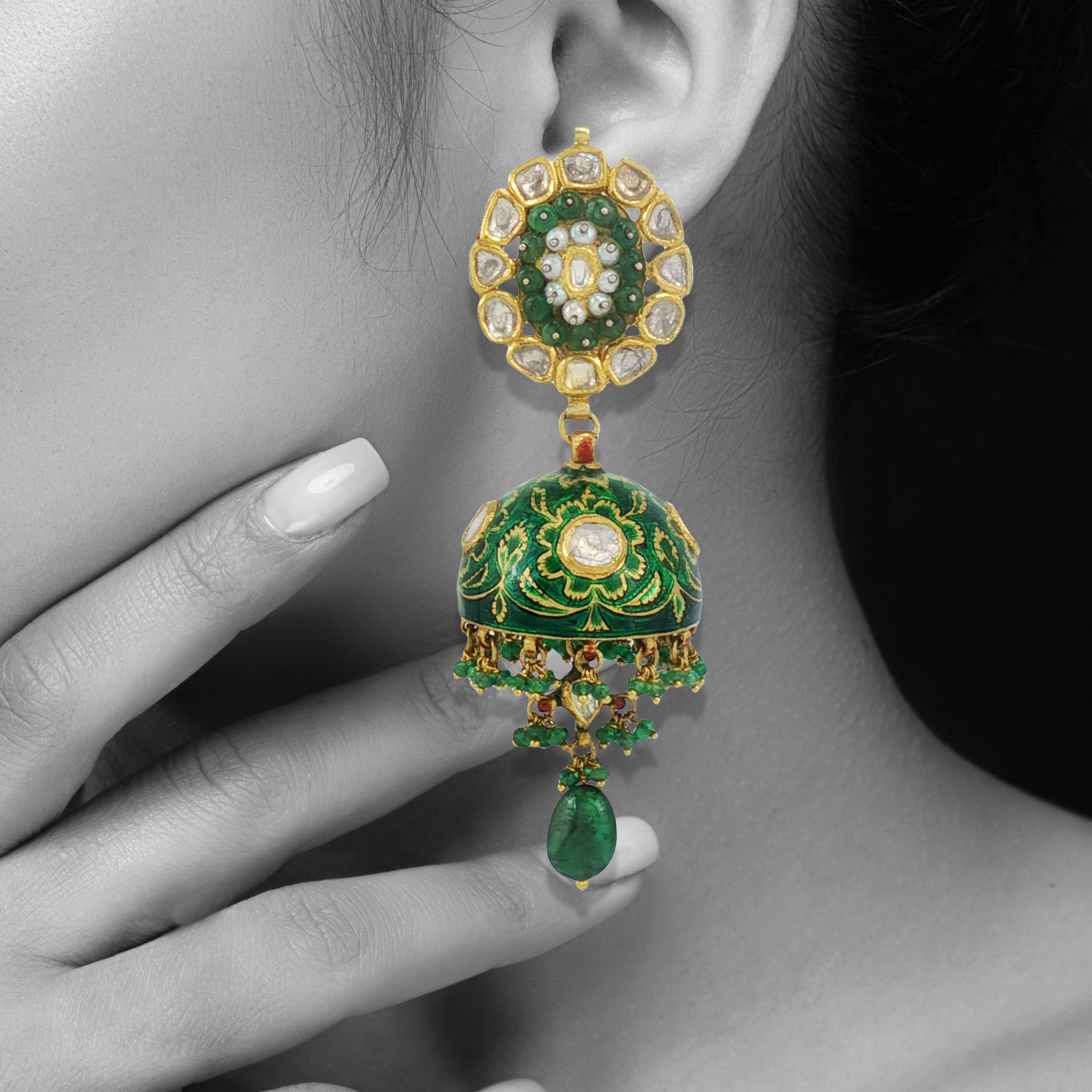 Emerald Bead Jhumkas with Polki Detailing