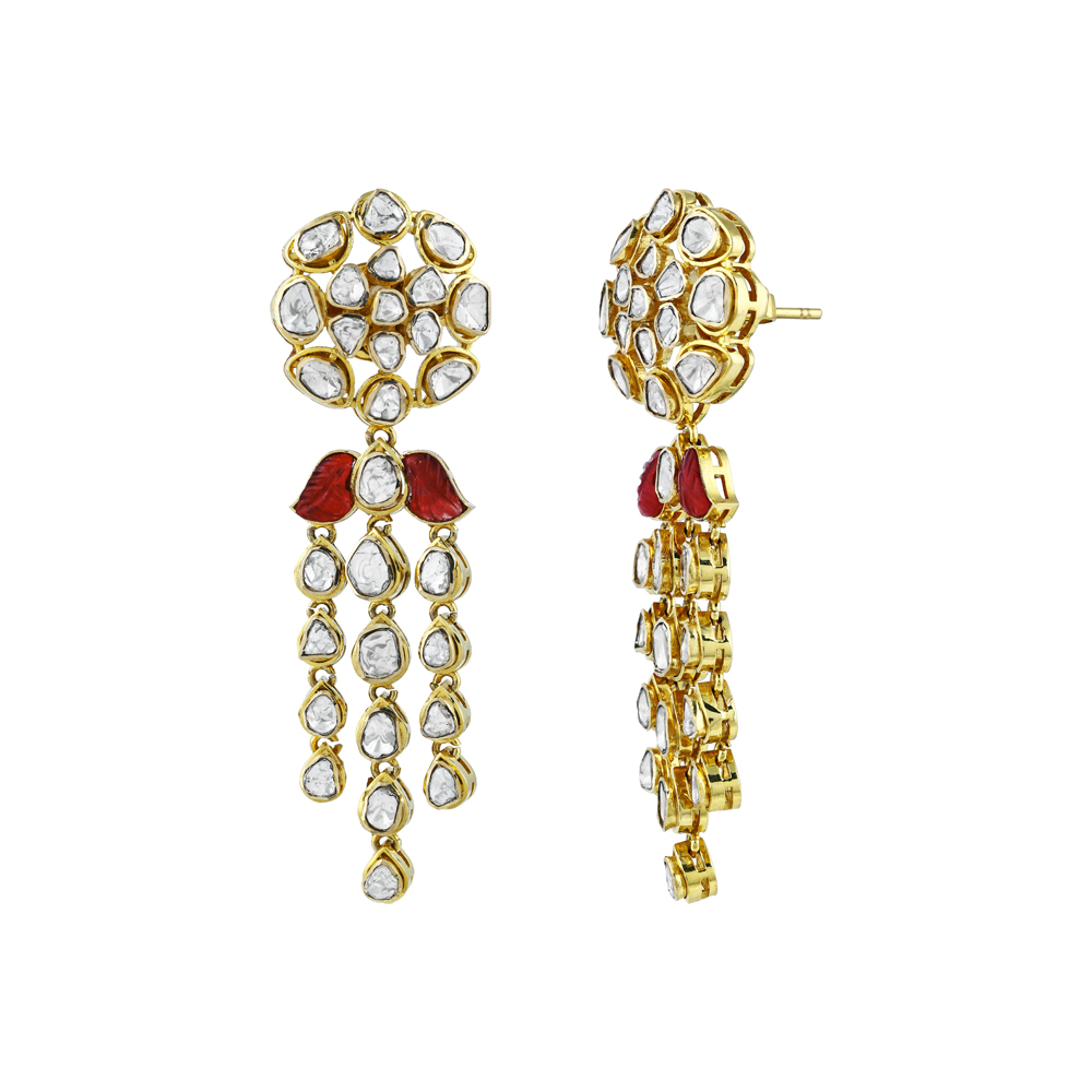 Triple-Drop Earrings with Uncut Diamonds and Red Talaf
