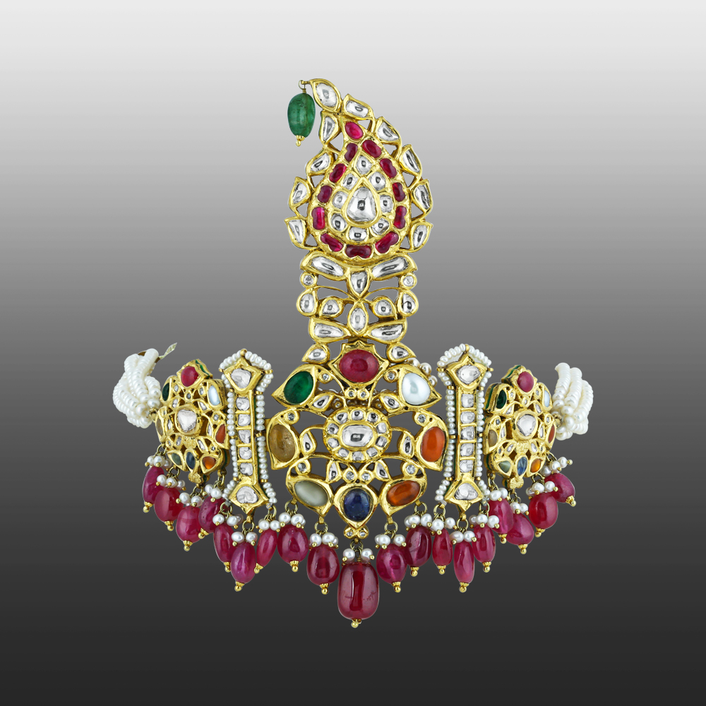 Polki Navaratna Choker Set with Ruby Drops and Detachable Kalangi