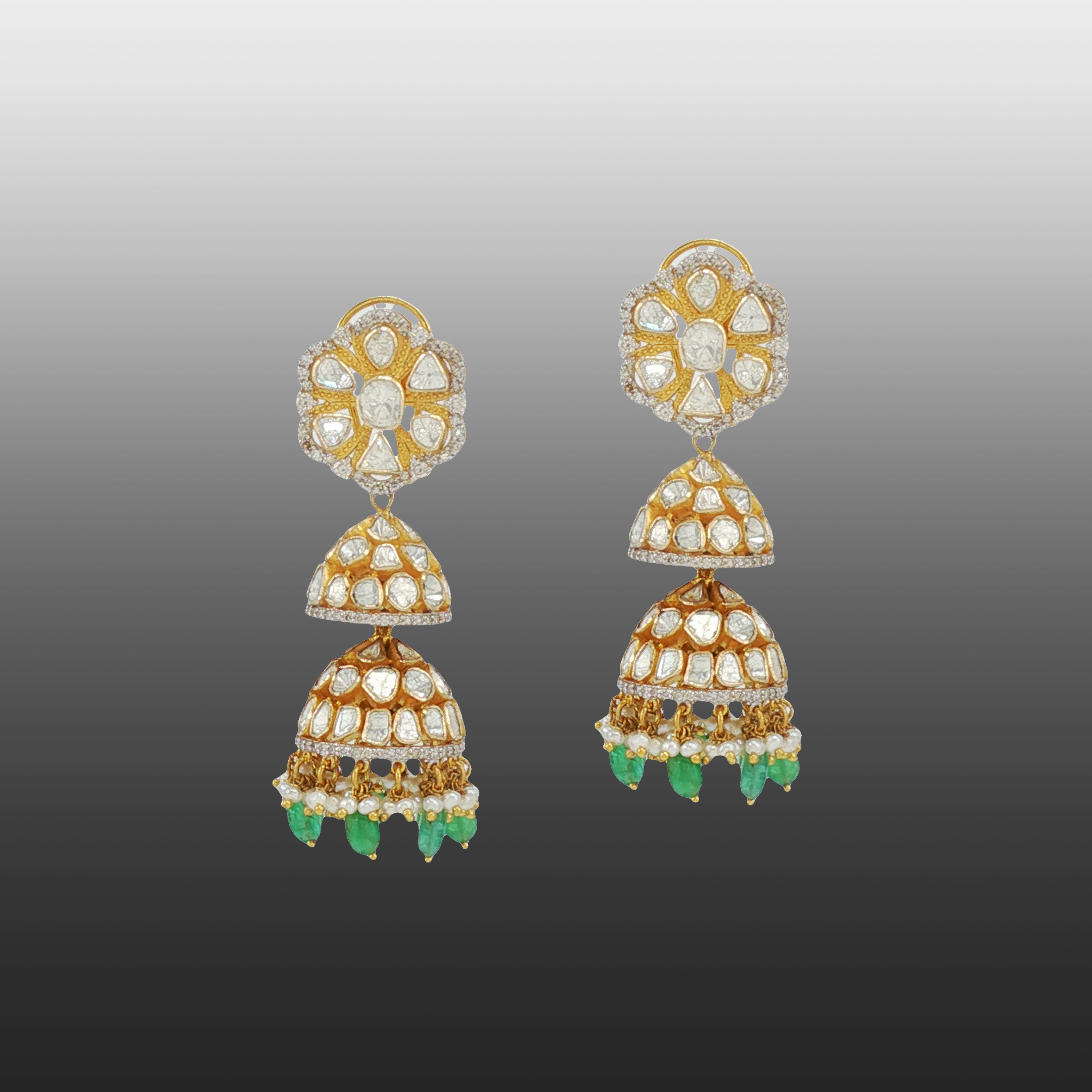 Tiered Polki Jhumkas with Emerald Drops