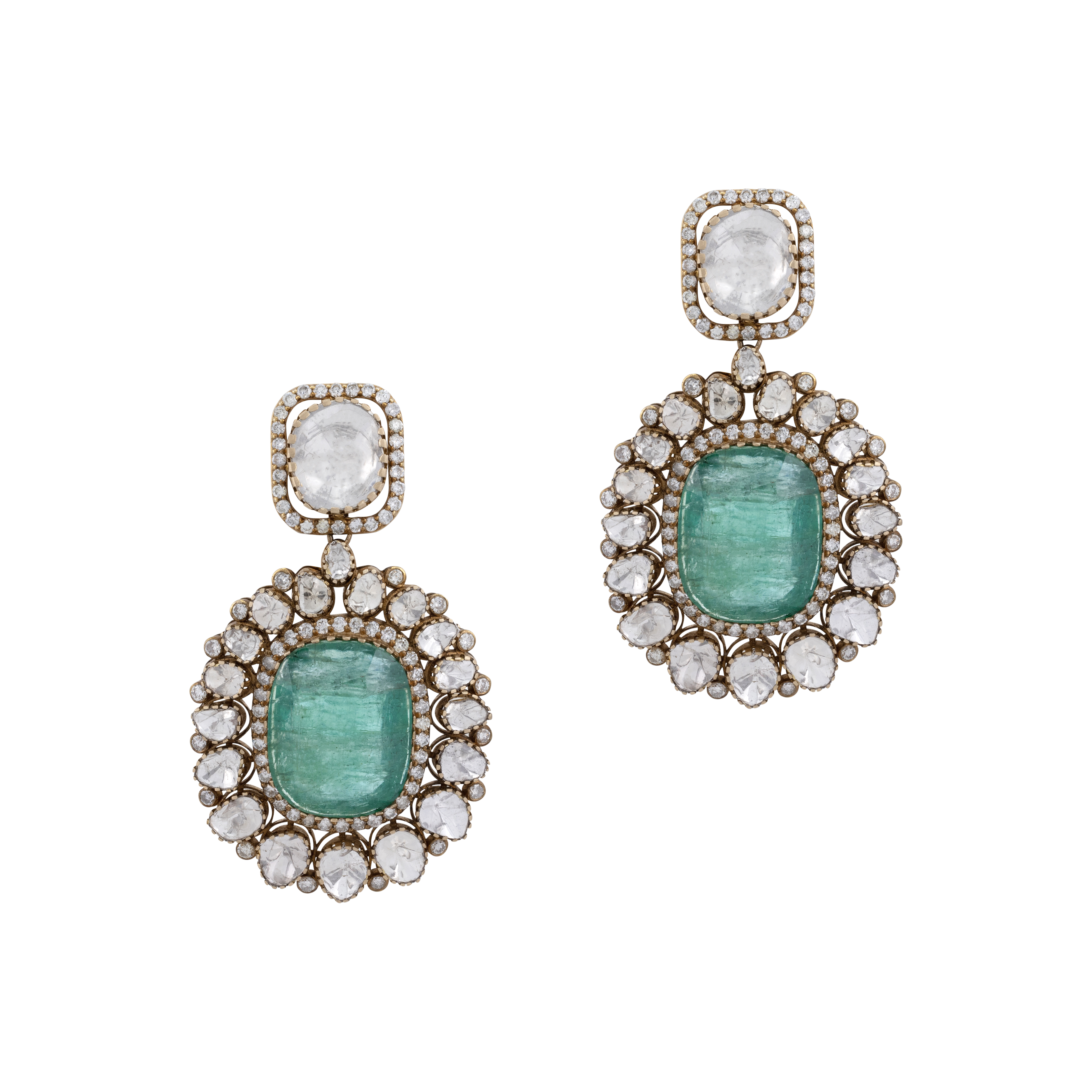 Emerald Pendant Necklace and Earring Set with Diamond Highlights