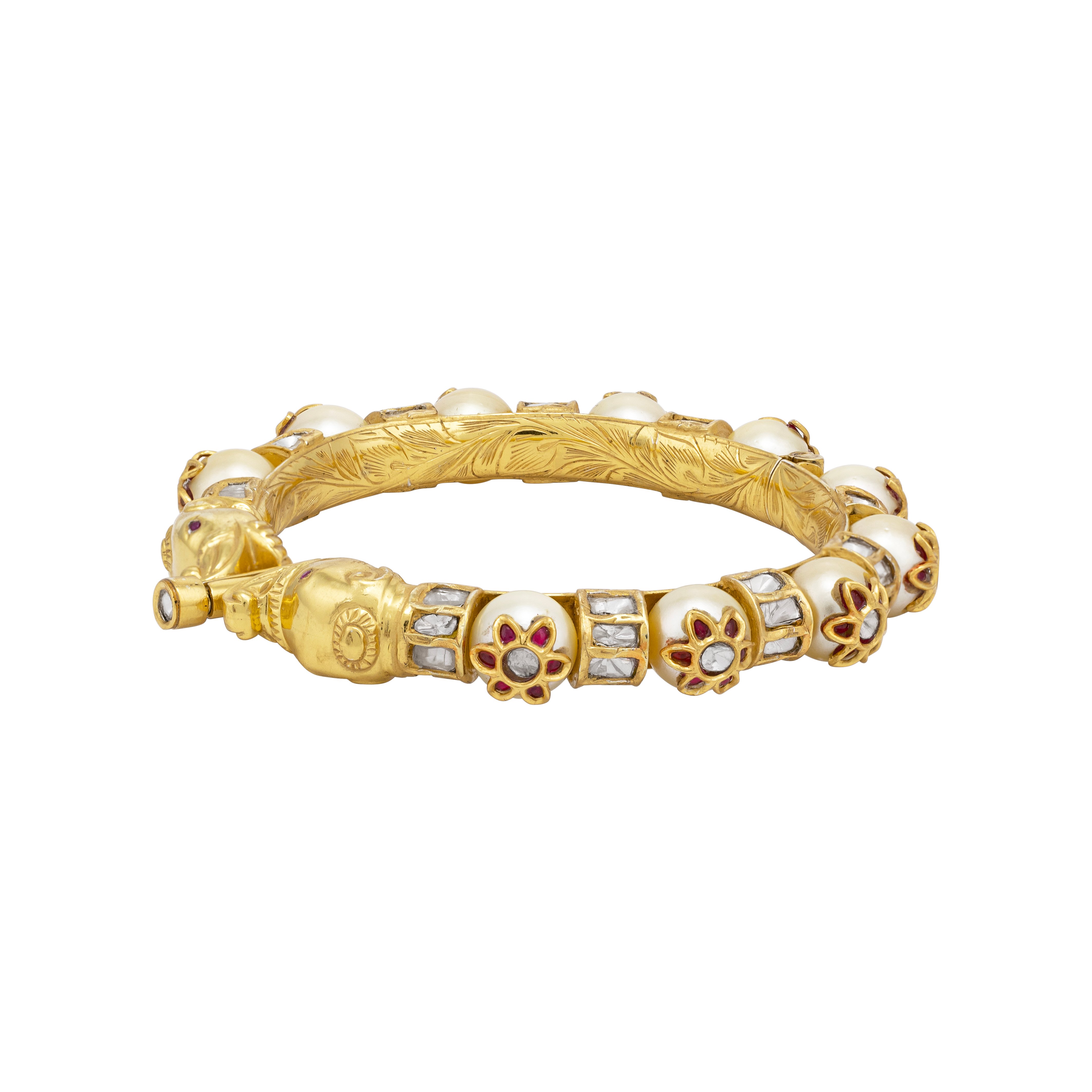 Pearl Inlay Gold Kada with Polki Baguettes