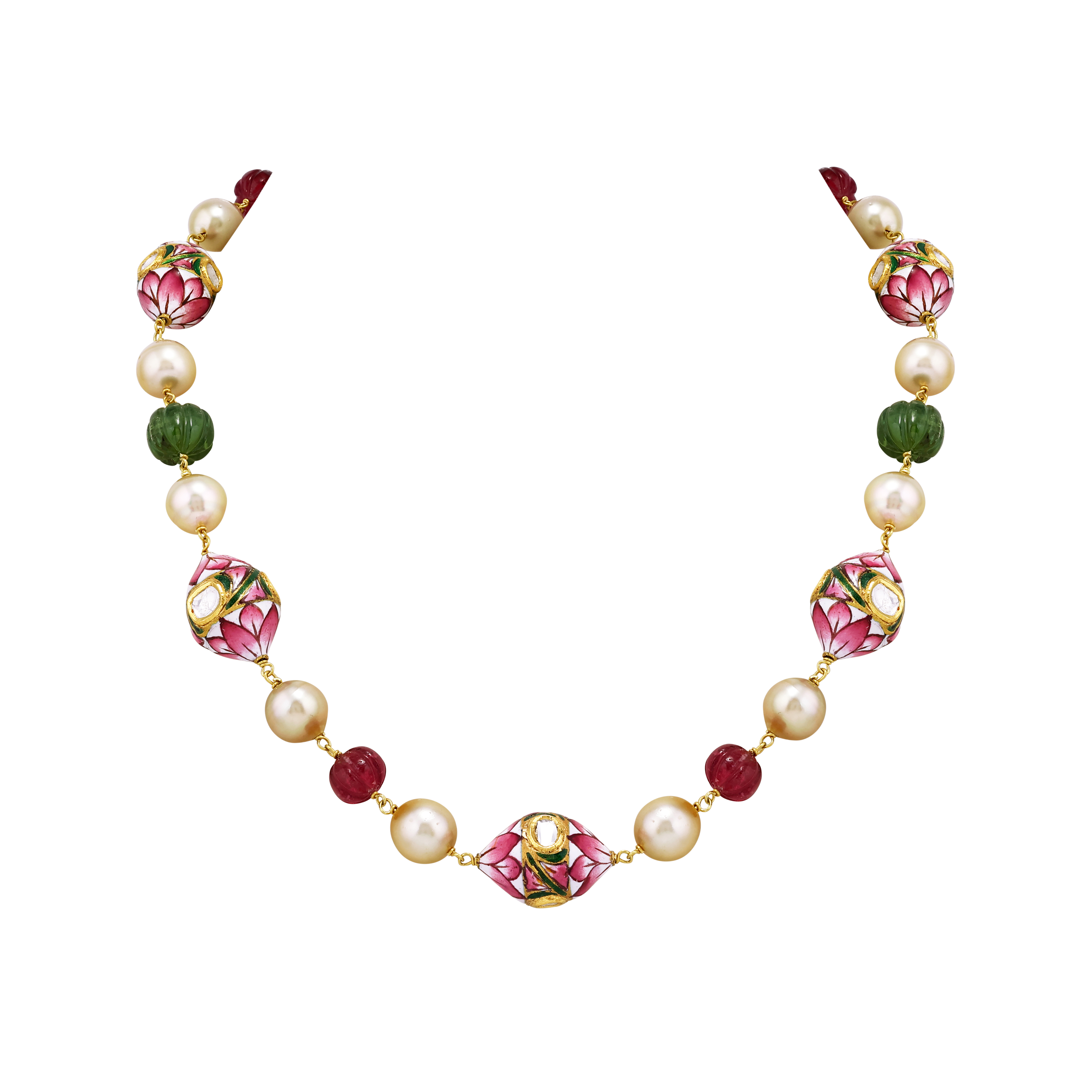 Lotus Enamel Necklace with Polki, Pearls and Carved Beads