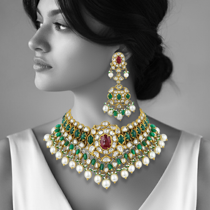 Red and Green Floral Cabochon Choker Set with Pearl Drops