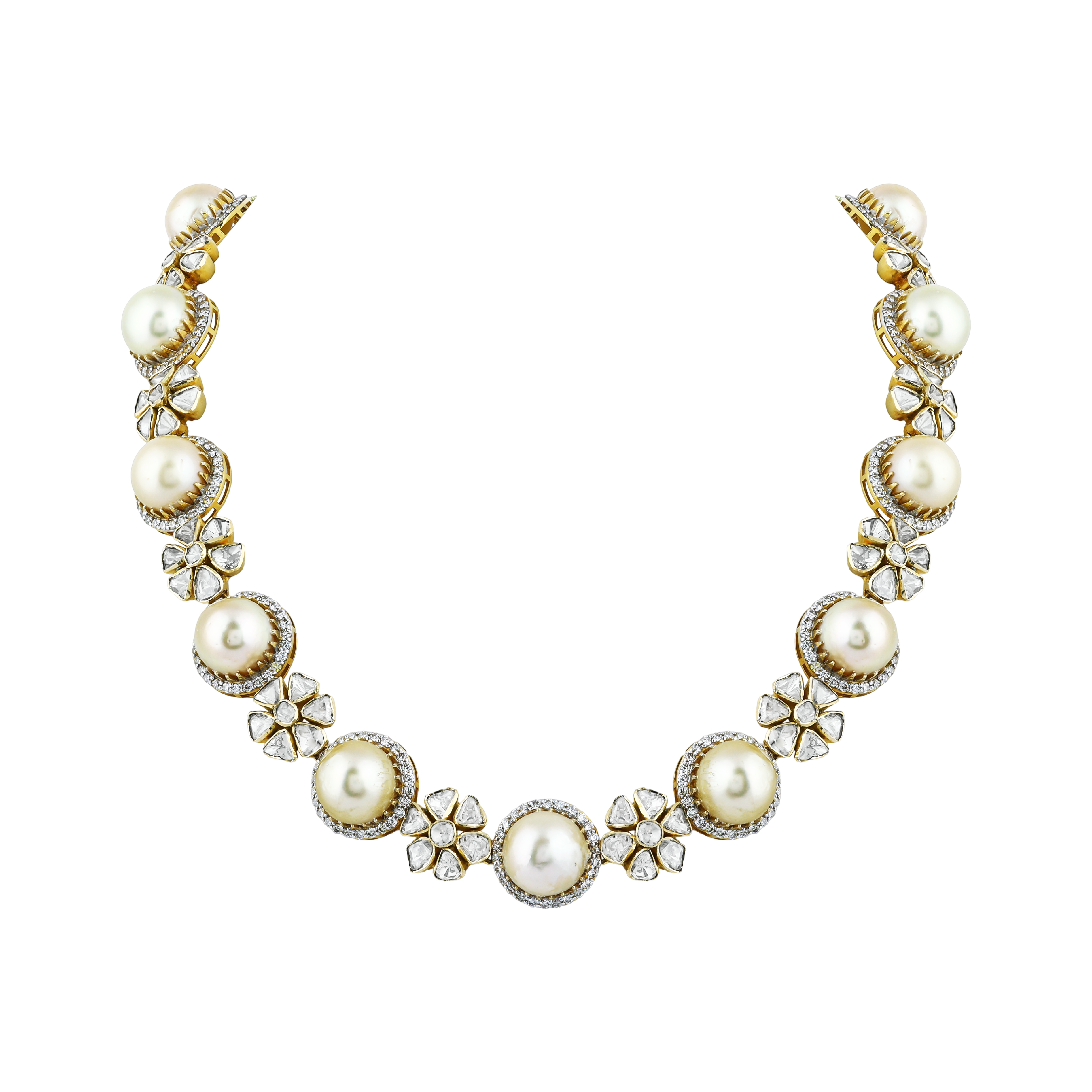 Pearl Necklace with Polki Floral Motifs & Diamond Halos